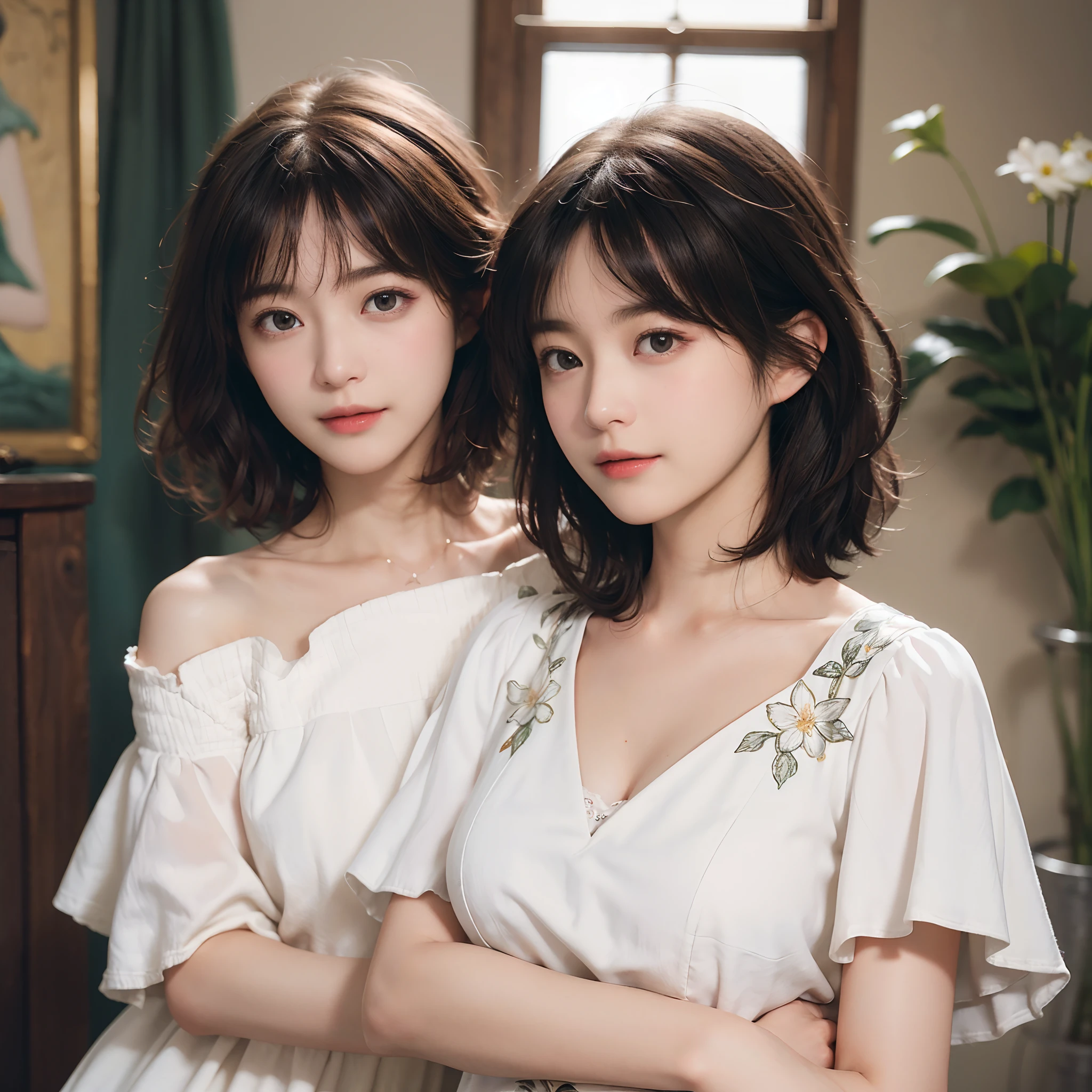 (RAW Photography、top-quality)、(realisitic、Photorealsitic:1.3)、top-quality、high-detail、masterpiece、ultra-detailliert、illustratio、1girl、(((Beautiful skin)))、whole body、dynamic ungle、world masterpiece theater、((very-short-hair))、top-quality、the Extremely Detailed CG Unity 8K Wallpapers、inky、magnifica、电影灯光、lens_flare、dunhuang_style、(nice breasts)、Oil paintings by Rubens、Light and Darkness、Contrasty、with floral pattern、A slight smil