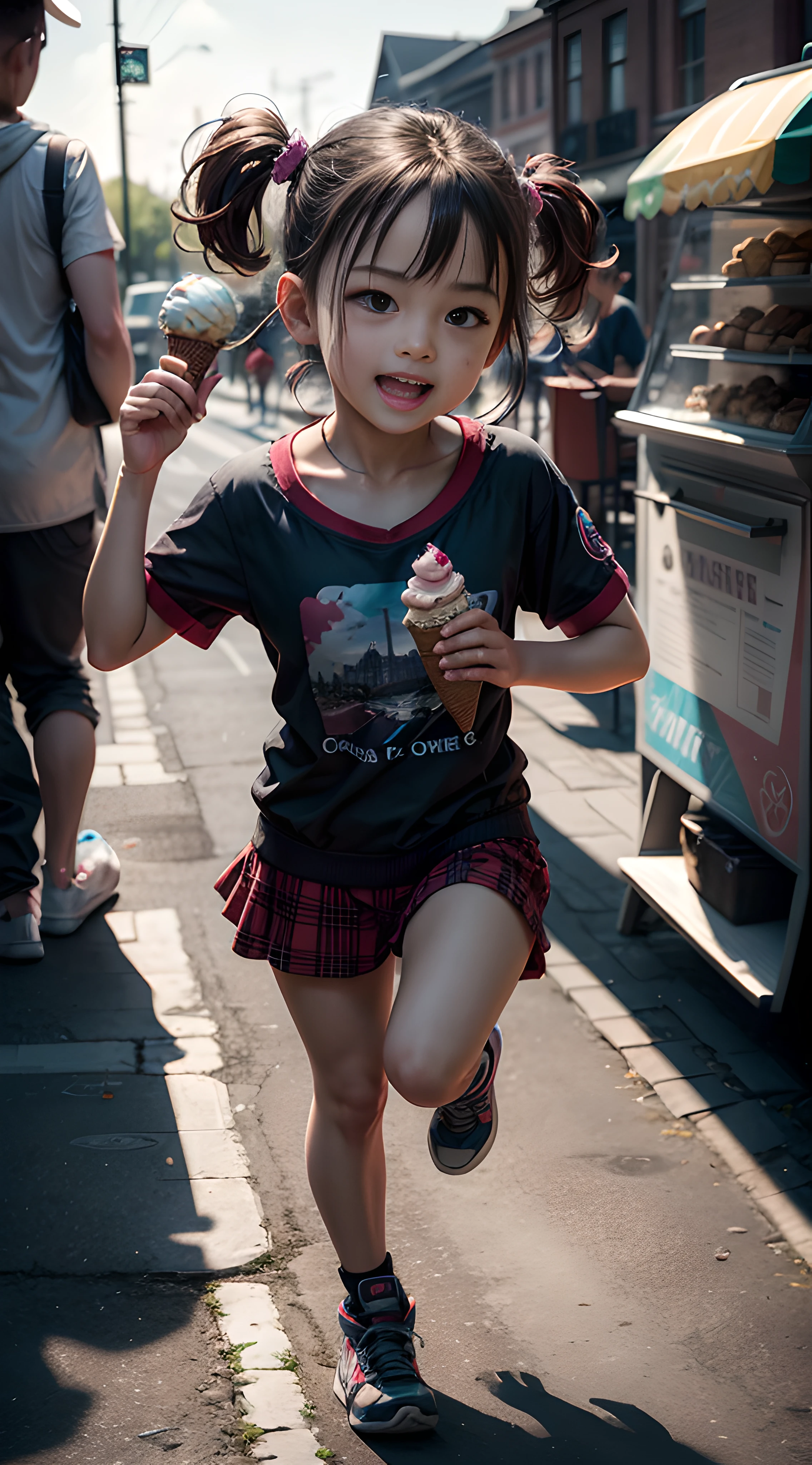 8k masterpice, best quality:1.2, Create an image of a little girl running with joy toward a charming ice cream van in a picturesque park. Emphasize her wide-eyed excitement, the vibrant ice cream van, and the irresistible ice cream treats on display. Capture the pure delight and magic of this fleeting childhood moment, quixel megascan, ray tracing, sub-surface scattering, 3d work, cg9 studio,