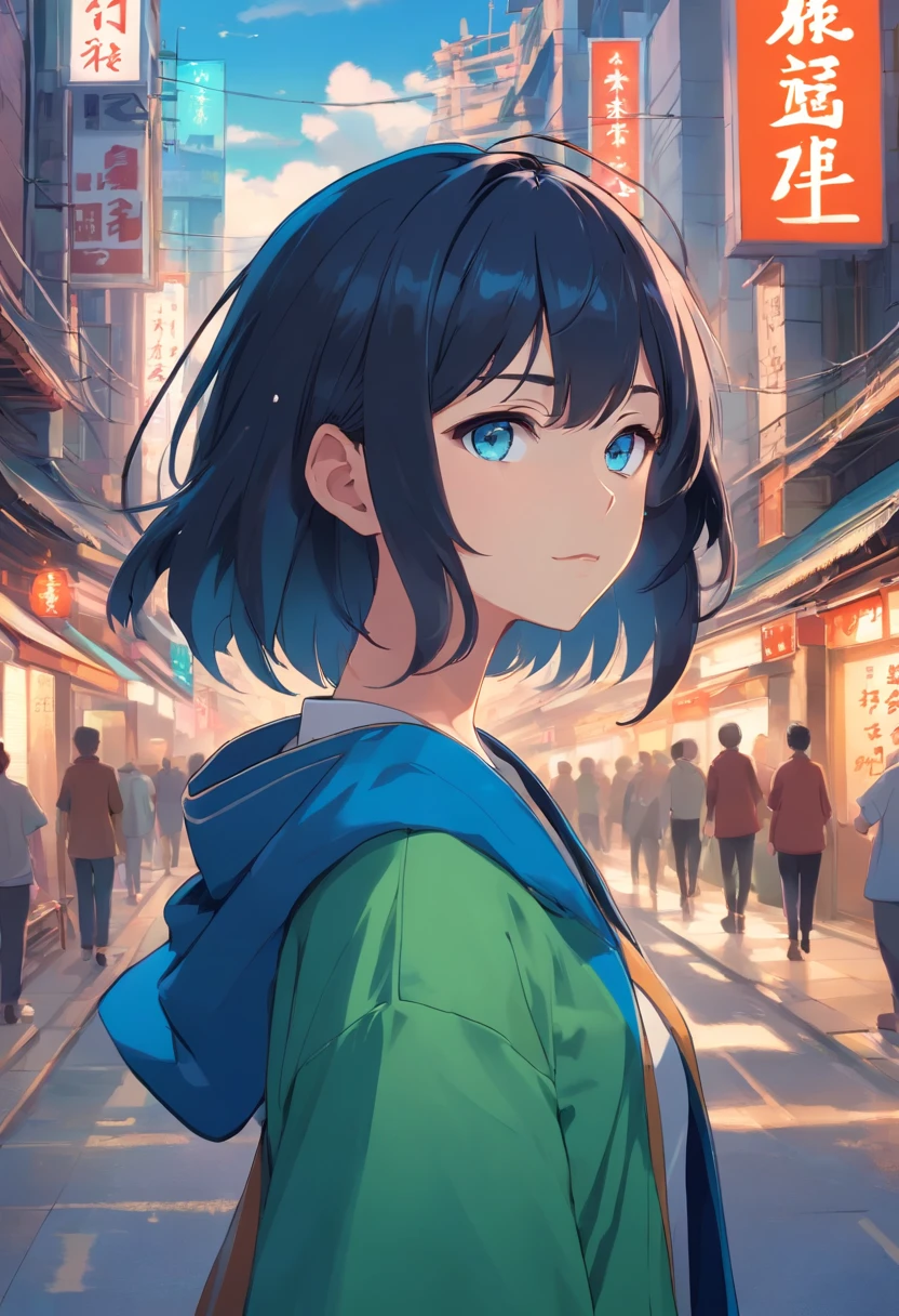 Black color hair,blue color eyes,Chinese Han element clothing,lotus flower,Green clothing,A bustling city street