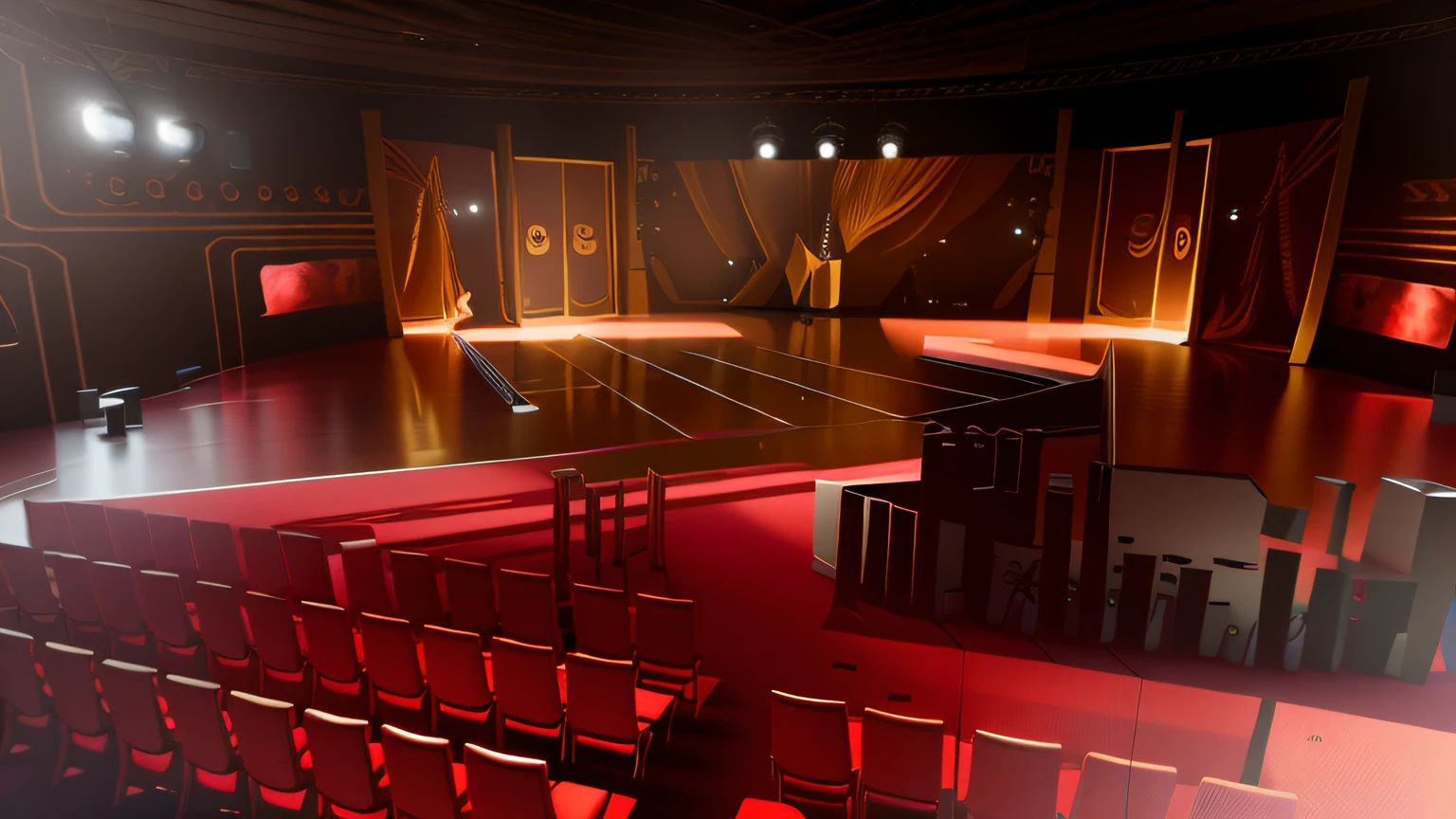 Quiz stage standing on a stage with light, virtual set, virtual metaverse room, set design, detailed set design, finalrender, rendered in unreal 5, solo performance unreal engine, raytraced 3d set design, rendering of beauty pageant, rendered in the unreal engine