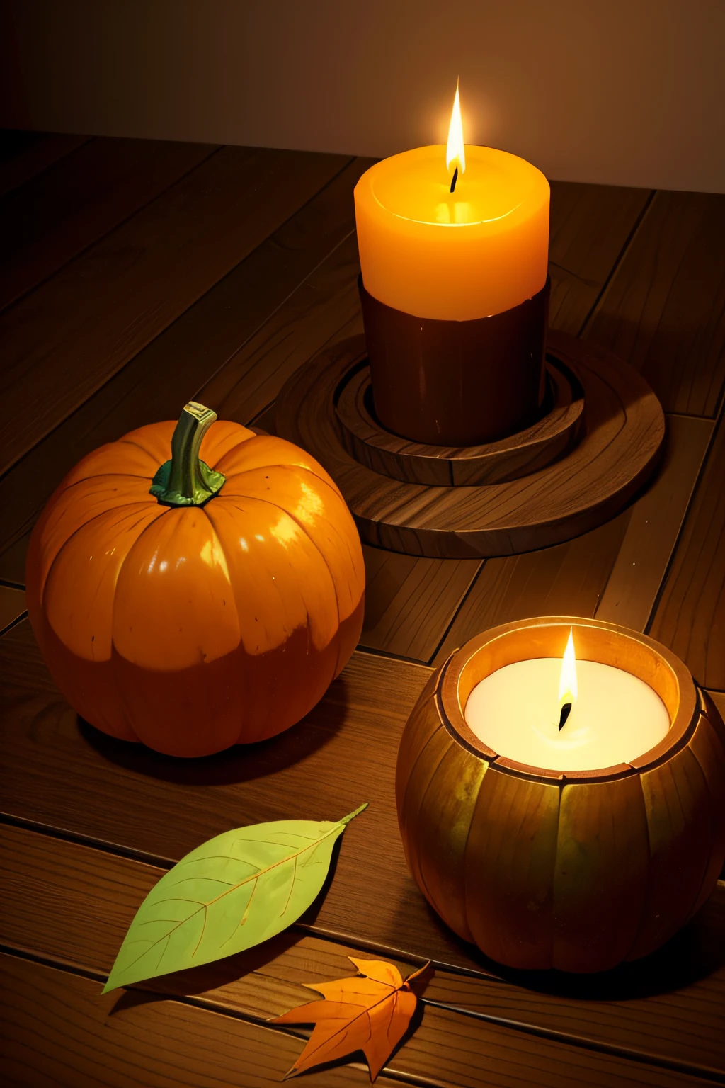 a wooden floor with pumpkins, leaves, and a candle on it. The table is made of dark wood, and it is set against a white wall. There are three pumpkins on the table, all different sizes and colors. The largest pumpkin is orange, the middle pumpkin is yellow, and the smallest pumpkin is green. There are also a few leaves scattered around the table, some brown and some green. A single candle is burning in the center of the table, casting a warm glow over the scene.