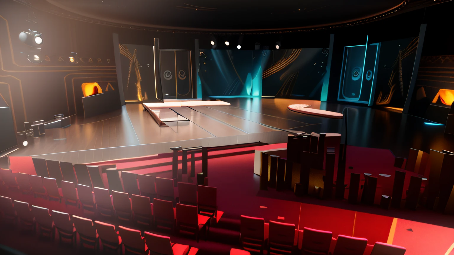 Quiz stage standing on a stage with light, virtual set, virtual metaverse room, set design, detailed set design, finalrender, rendered in unreal 5, solo performance unreal engine, raytraced 3d set design, rendering of beauty pageant, rendered in the unreal engine