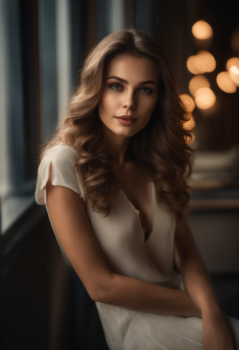 style expressive, The whole body of a European girl, posing on a, look at a camera, Beautiful hair, Complex urban background, The light from the back window is backlighted, (Cinematic:1.5), epic realistic, ultra - detailed, insanely details, Intricate details, emphasis lighting, Soft volumetric light, Bokeh, (Dramaticlight:1.2), (com cores neutras:1.3), Cross-process processes (full bodyesbian)