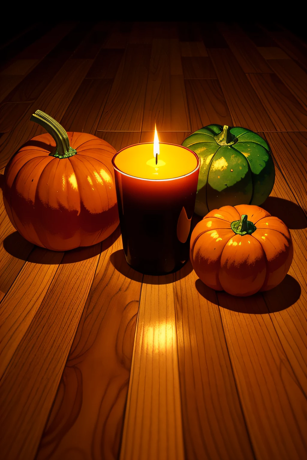 a wooden floor with pumpkins, leaves, and a candle on it. The table is made of dark wood, and it is set against a white wall. There are three pumpkins on the table, all different sizes and colors. The largest pumpkin is orange, the middle pumpkin is yellow, and the smallest pumpkin is green. There are also a few leaves scattered around the table, some brown and some green. A single candle is burning in the center of the table, casting a warm glow over the scene.
