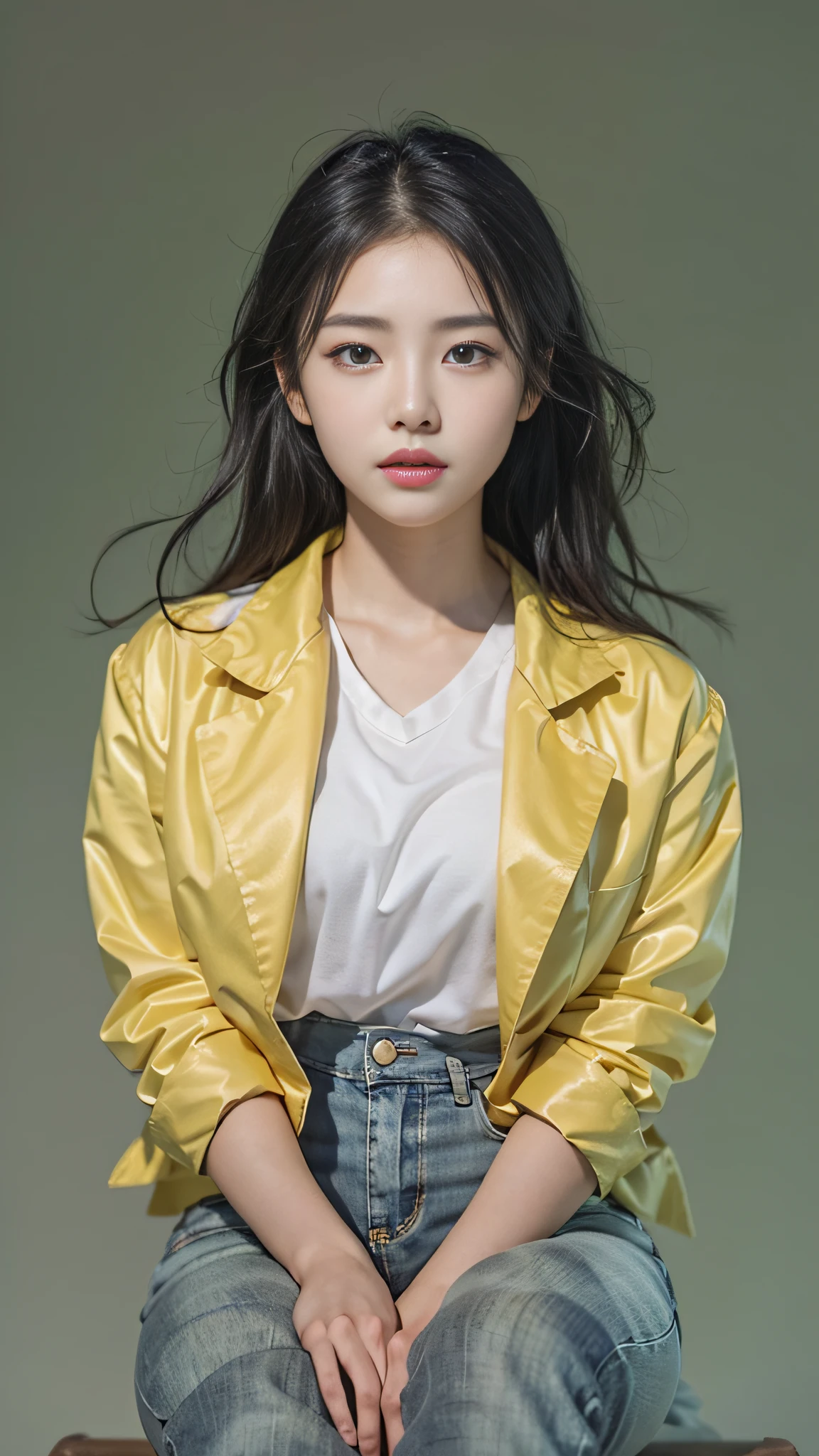 18year old、Beautiful expression、Medium chest、A dark-haired、Generate an image of a woman sitting in the corner of a room,She spreads her face wide to the left and looks away from the camera。The image of a woman who is、She wears outerwear, And the collar of the costume hides her chin. Outer color is neon greenish yellow, There is a yellow logo on the chest of the jumpsuit. Pants are wide-leg jeans, And she wears sneakers. The pose should create the illusion of elongated legs. The overall style needs a cyberpunk aesthetic, With futuristic and edgy elements.She sits away from the camera, Make her legs look elongated、Make her face look smaller. Her contours are brightly illuminated with flashes, Eta、She wears a modern jersey. Get creative when drawing this scene。Korean actress、Park Gyu-young, female actress from korea, 　light milky white porcelain skin, smooth translucent white skin, shiny white skin, pale porcelain white skin, Beautiful body and face, wlop glossy skin, beautifull detailed face, Beautiful Asian Girl, young body,1０age , Asian, Asian Girl, Little Girl。 (Detailed face description), (Detailed hand description), (masutepiece), (Exquisite CG), extreme light and shadows, disheveled hair, master work, Rich details, Put your hands on your hips、Generates an image of a woman standing with her right leg stretched forward、Make the legs elongated illusion. She should pose confidently,