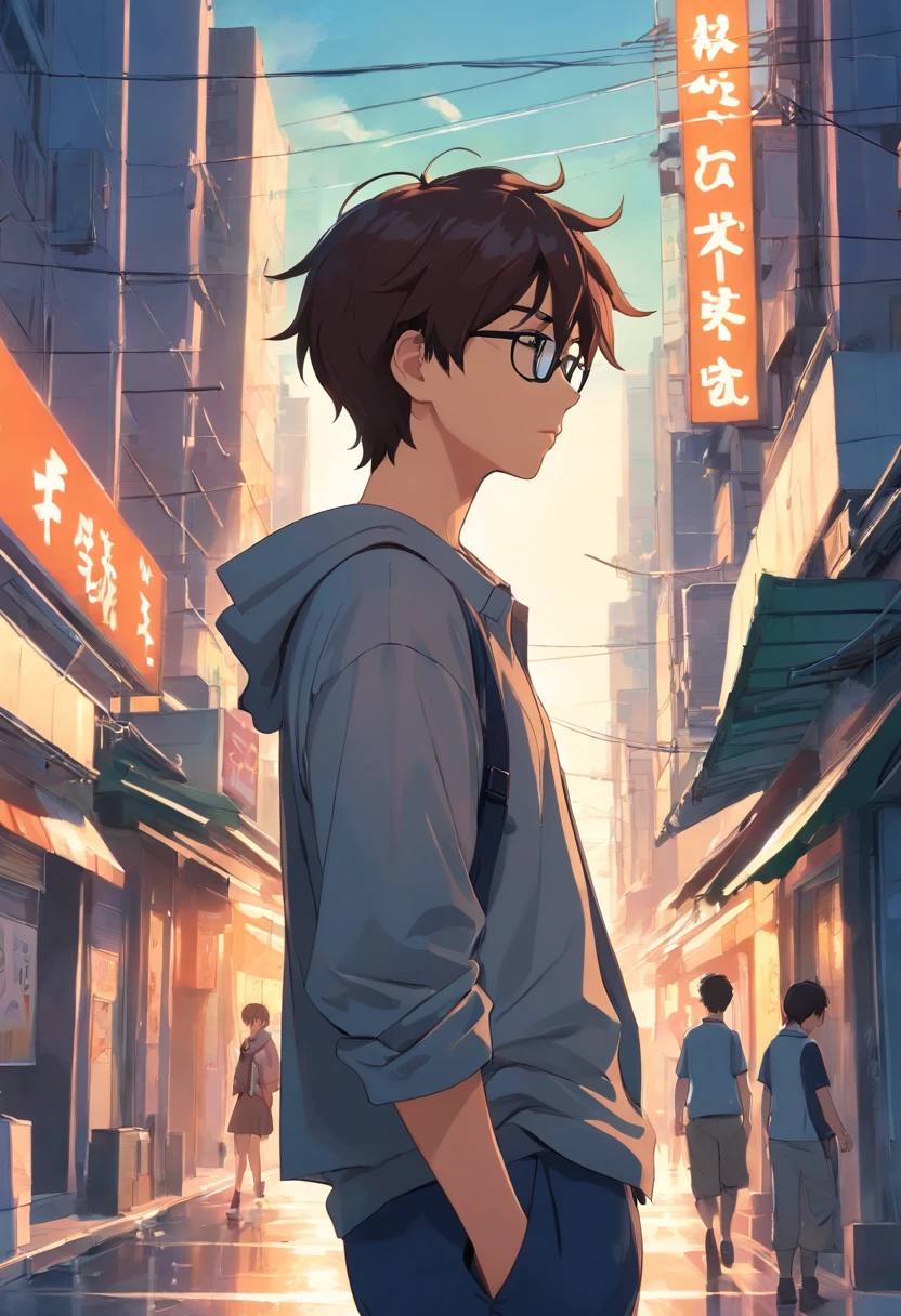 Dark environment 0.5,On the streets of the city,Male protagonist,malefocus,Bright and brown,Big head and small body,Manhwa Style,quadratic element,Environment rendering,Set off the protagonist,Boy side face,Looking not far away, deep in thought, shirt , trousers , specs , concept art
