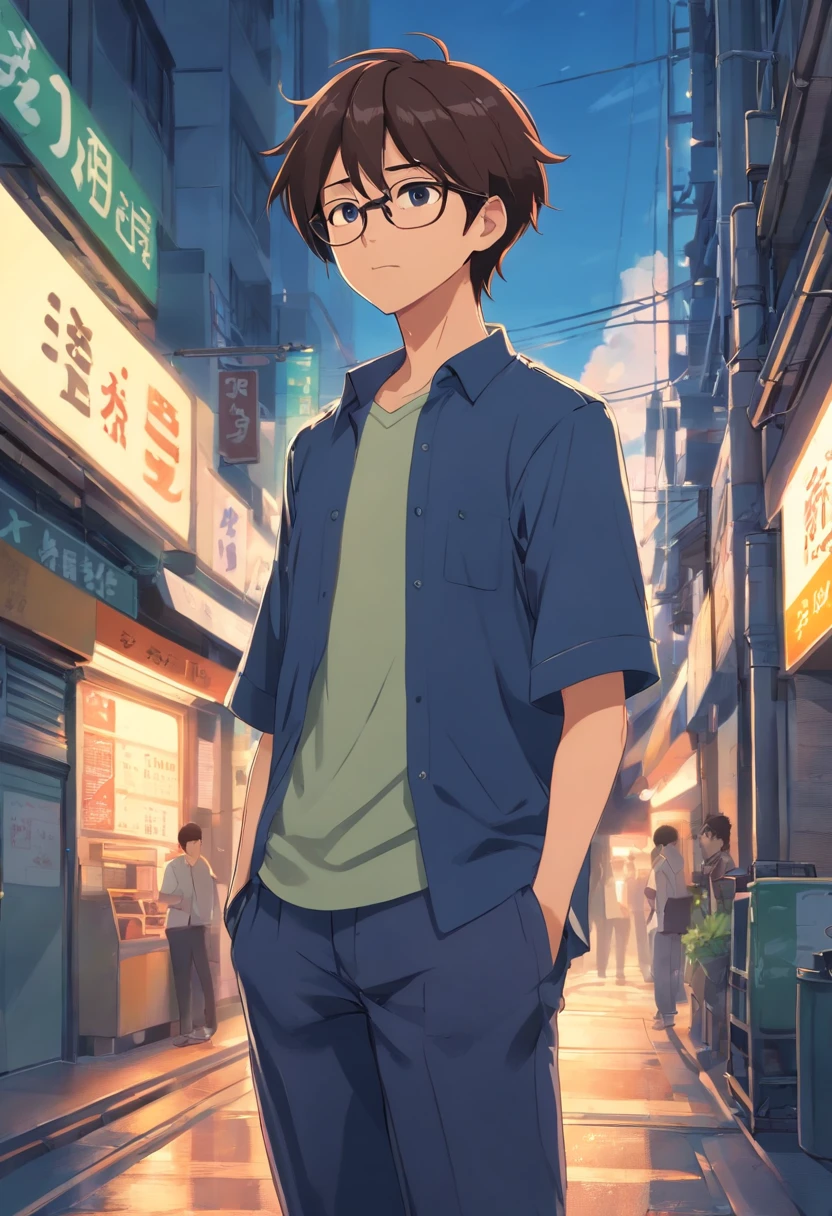 Dark environment 0.5,On the streets of the city,Male protagonist,malefocus,Bright and brown,Big head and small body,Manhwa Style,quadratic element,Environment rendering,Set off the protagonist,Boy side face,Looking not far away, deep in thought, shirt , trousers , specs , concept art