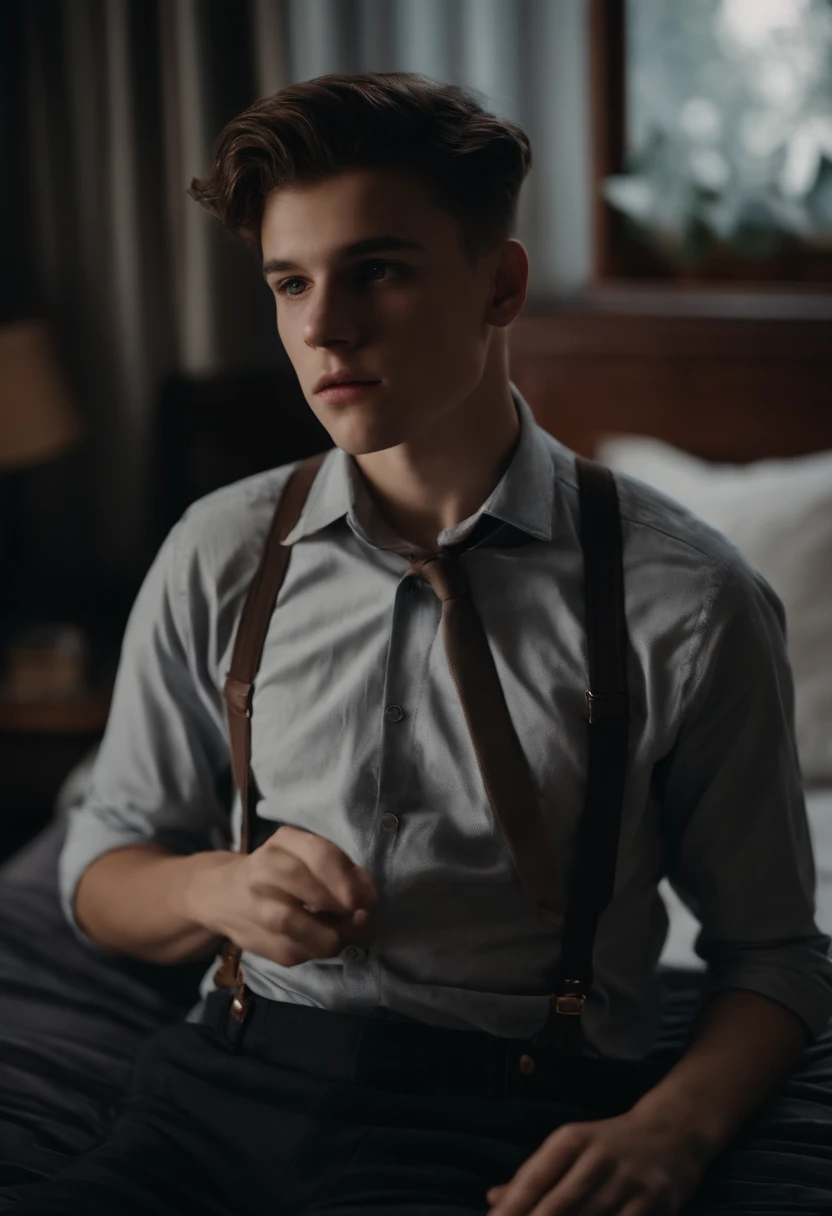 18-year-old boy,Gray suspenders,Big soft bed,adolable
