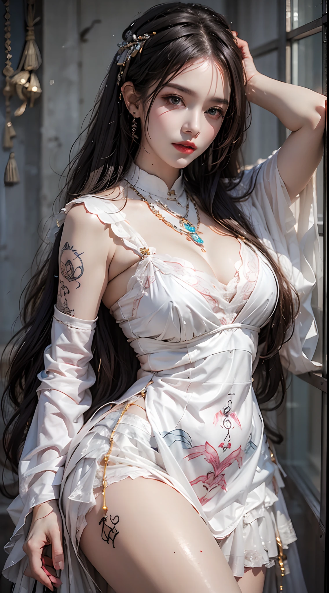 Photorealistic, high resolution, 1 woman, Hips up, Beautiful eyes, Long hair, ringed eyes, jewelry, tattoo, cnsdress