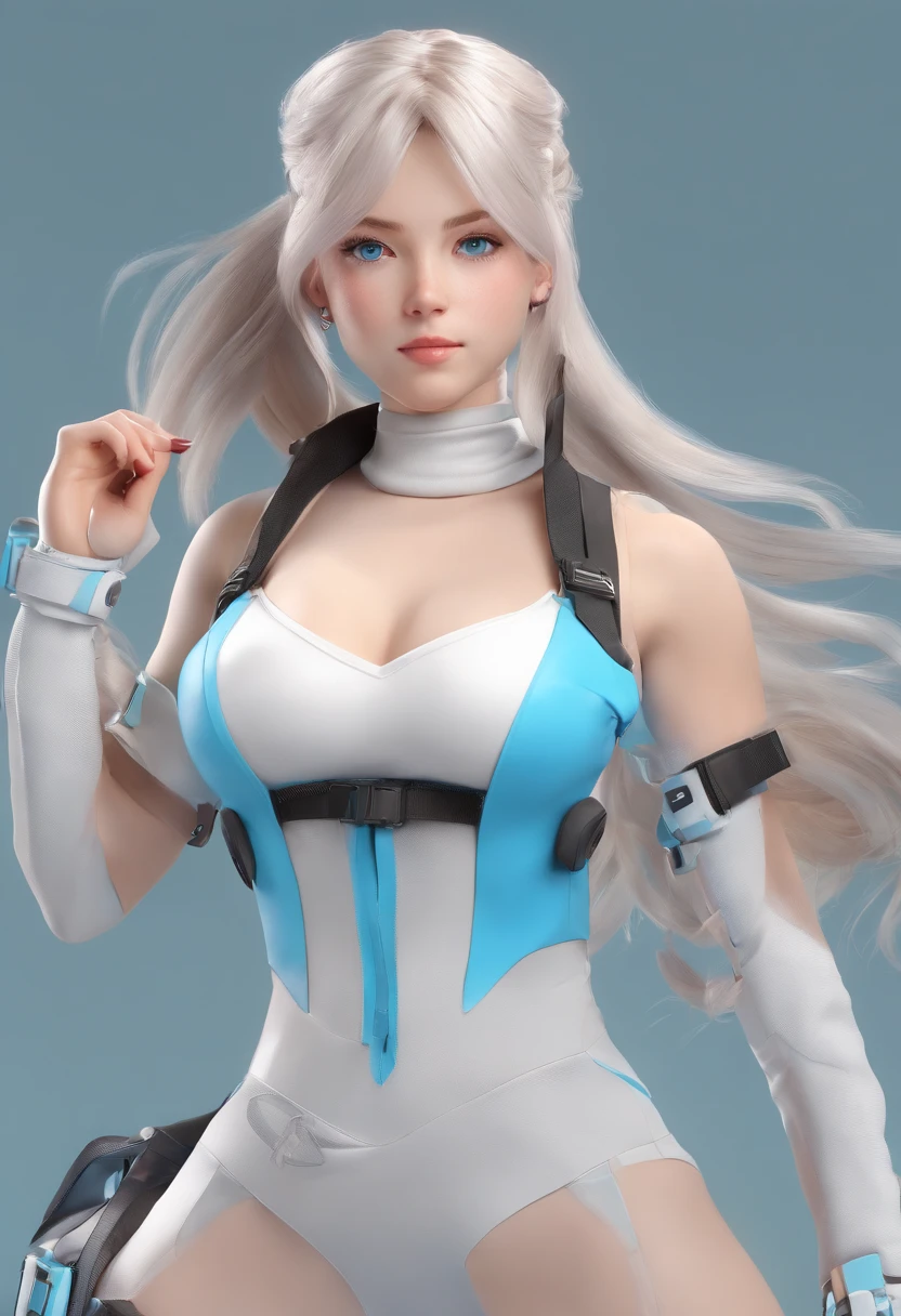 irl with white long ponytail wavy hair , light blue eyes , smart , sharp, concept art , , anime, wearing turtle neck , gloves , cargo , boots , accessories , detailed concept art
