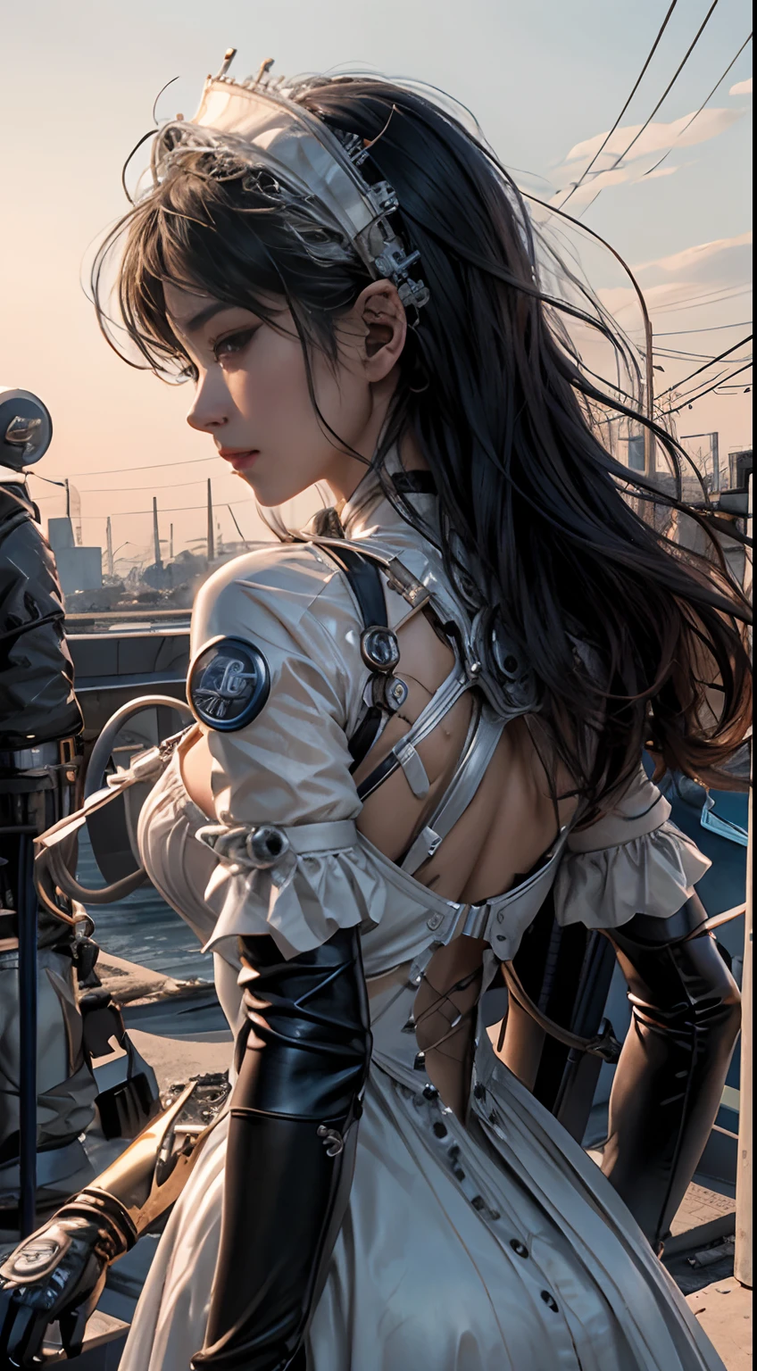 (tmasterpiece,top Quority,best qualtiy,offcial art,Beauty and aesthetics:1.2),(1girll:1.3),Extremely detailed,plethora of colors,Most detailed((ultra - detailed)),(highly detailed CGillustration),((Very fine and beautiful),(From the side Side),cinematic lighitnglamplight,((1 mechanical girl)),solo person,full bodyesbian,(Machine-made joints:1.2),((Mechanical limb)),(Blood vessel attached to tube), (Mechanical vertebrae are attached to the back),((The mechanical cervical vertebrae are attached to the neck)),(sitted),face expressionless,(Wires and cables are attached to the neck:1.2),(Wires and cables on the head:1.2)(Character focus),Science fiction,White background,(Lolita costume:1.5)Swollen breasts,crisp breasts,Breasts during lactation,Lactation,Tender white skin,squeezing breasts,A sagging breast,(Top 3D rendering technology:1.3),(Realistic metal and leather reflections),Realistic ray tracing effect,
