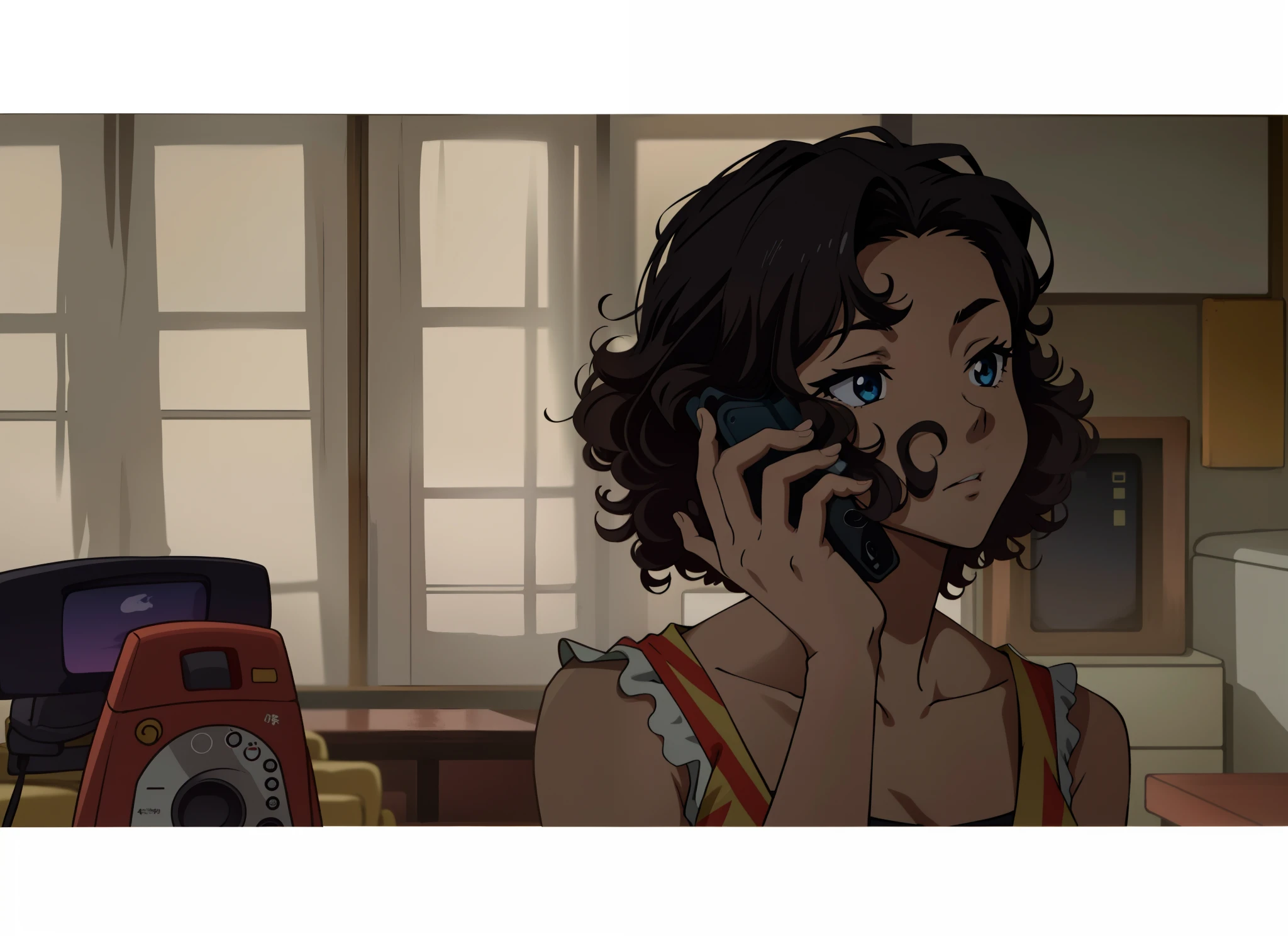 Anime scene, 1girl, curly hair, talking on the phone, tokyo apartment