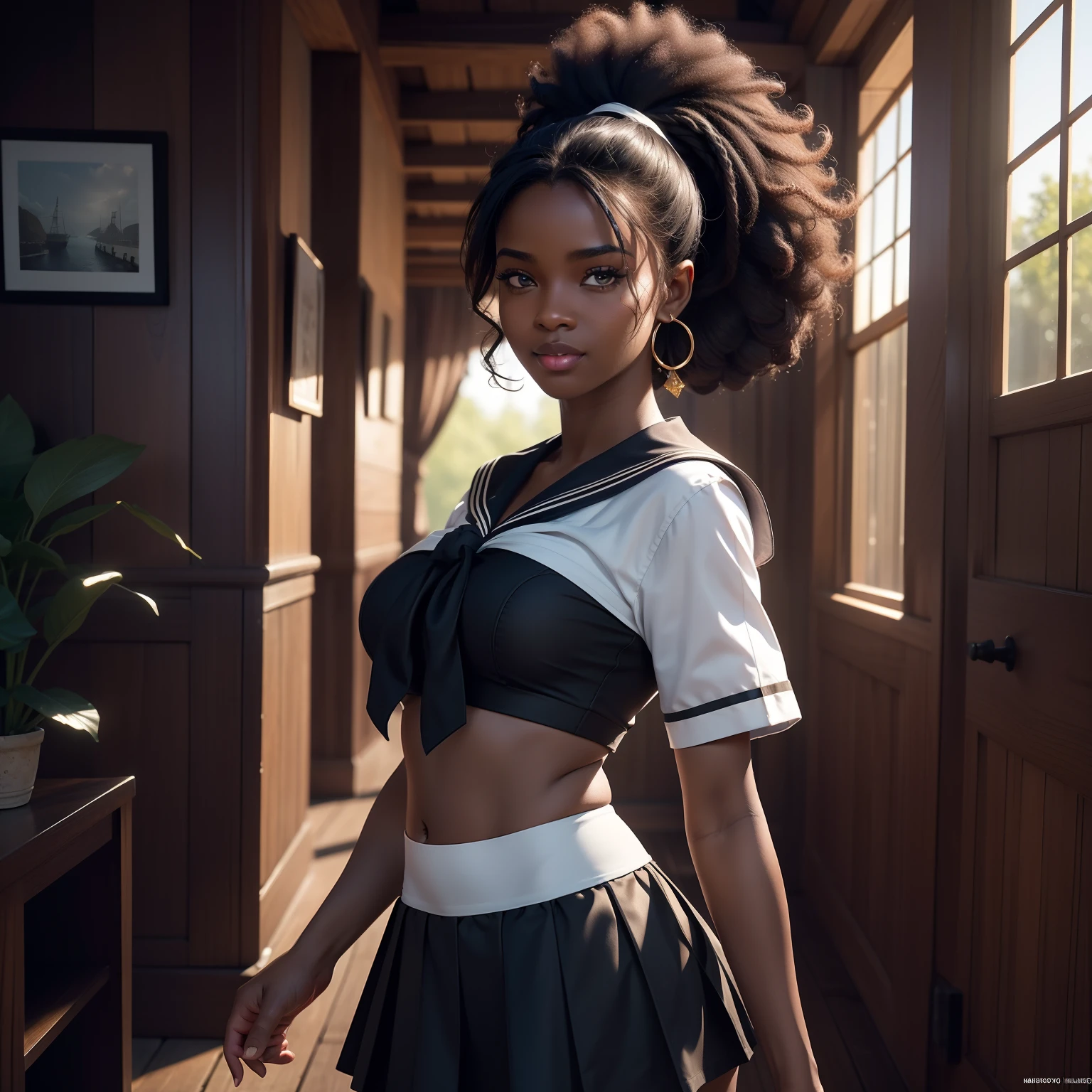 ((dark skin, ebony)), ((excited cute face)), ((cute pose)), ((seductive )), sexy, ((medium breast)), ((sailor outfit &  Hem Skirt

)), ((long curly afro ponytail hair,)), (( skin)), ((standing, front view)), ((hands on lip)),, sharp focus cgi, photorealistic, high detail, realistic, masterpiece, absurdres, best quality, HDR, high quality, high-definition, extremely detailed, 8k wallpaper, intricate details, 8K uhd, Full-HD, (realistic photo:1.2), contrast, harsh lighting, cinematic lighting, natural lighting, hard light, backlighting, global illumination, ambient occlusion