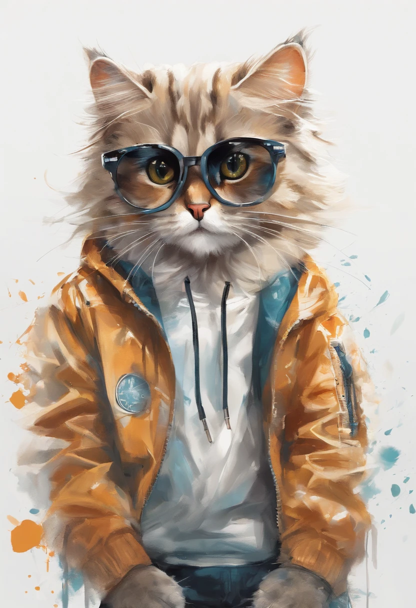 Perfect centering, Cute cat, Wear a student team jacket, Wearing sunglasses, Wearing headphones, cheerfulness, Standing position, Abstract beauty, Centered, Looking at the camera, Facing the camera, nearing perfection, Dynamic, Highly detailed, smooth, Sharp focus, 8K, high definition resolution, illustration, Art by Carne Griffiths and Wadim Kashin, White background