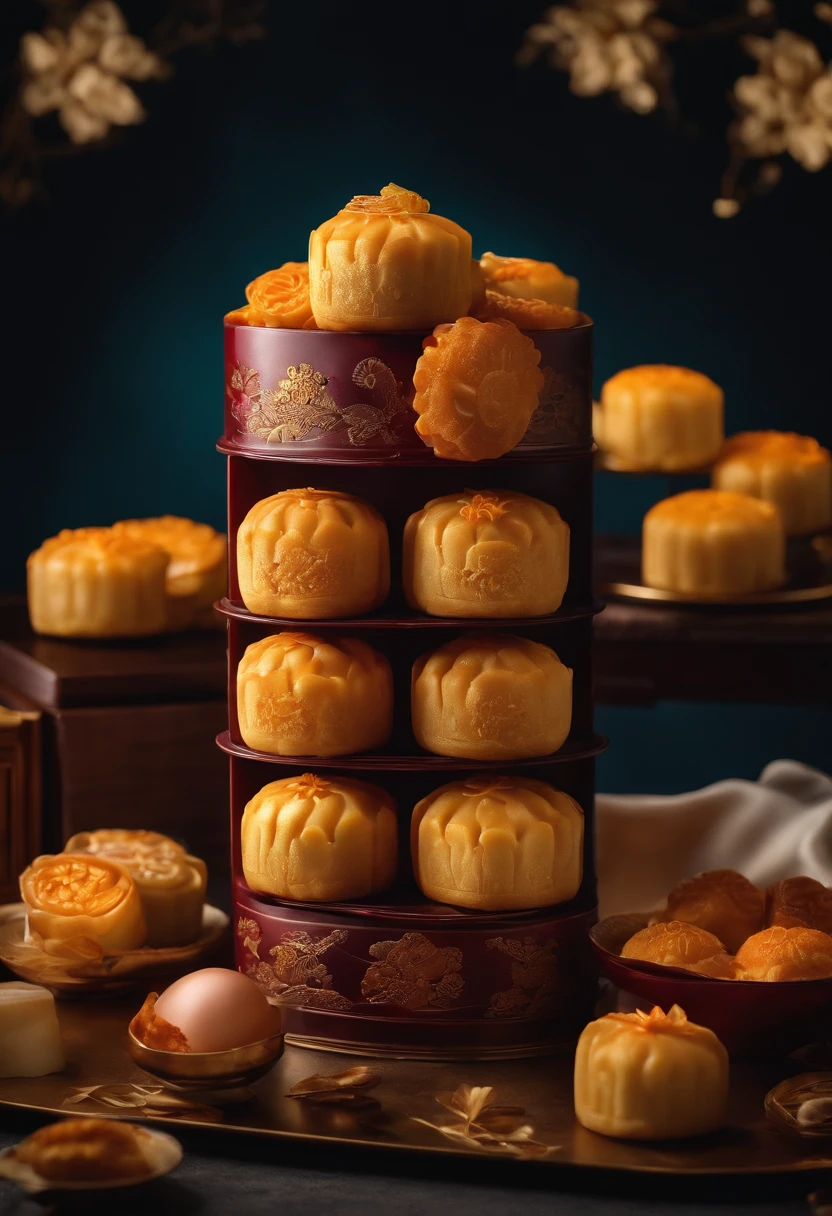 Commercial shooting, Cantonese egg yolk mooncakes, Mooncake size, poster for, Fresh style background, elegant, Booth lighting, Attractive, photorealistic colors, Ultra HD