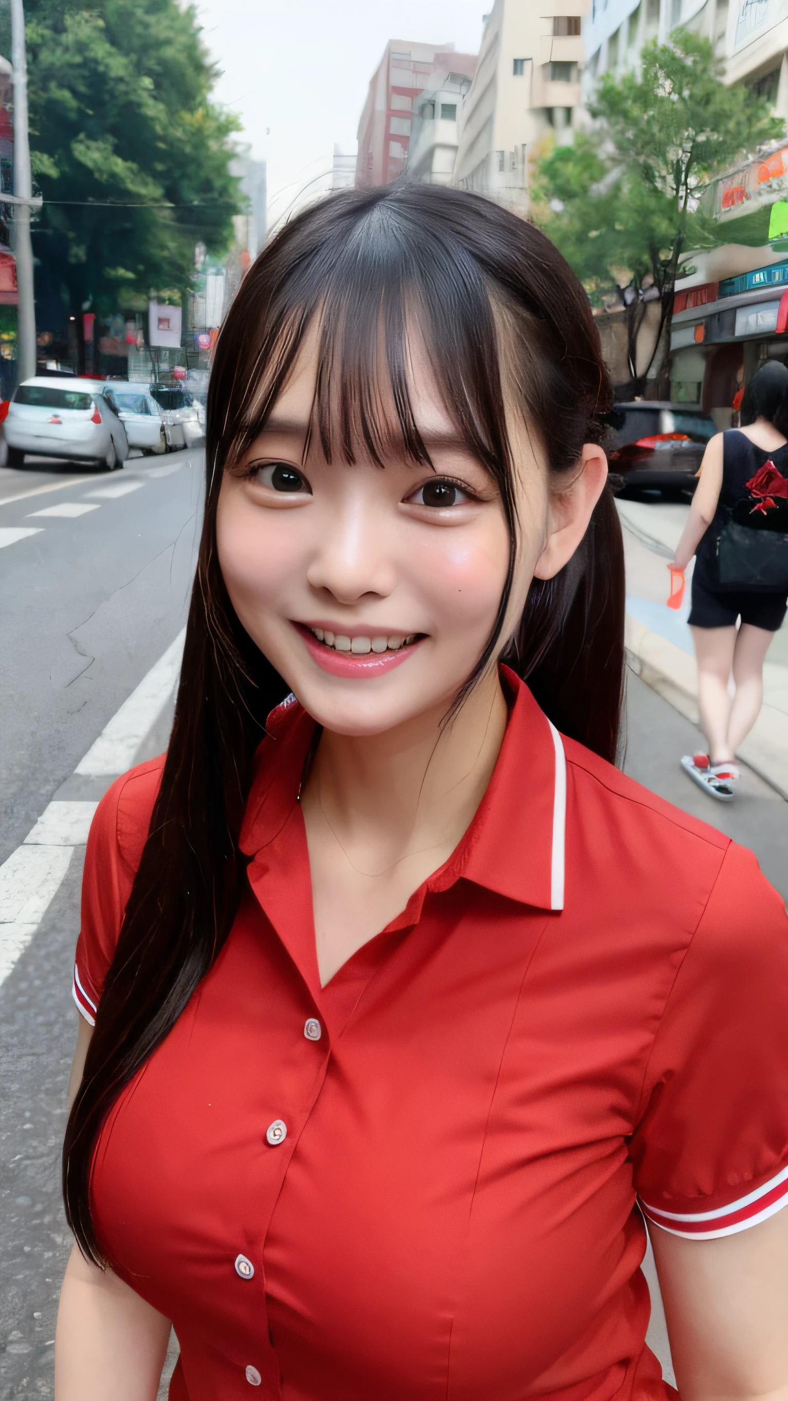 Moderate、In the street、城市、35 year old、Neat and clean、soft boob、perspiring、Showlong Hair、Red Shirt、feminine、a smile、show teeth、Upper Eyes