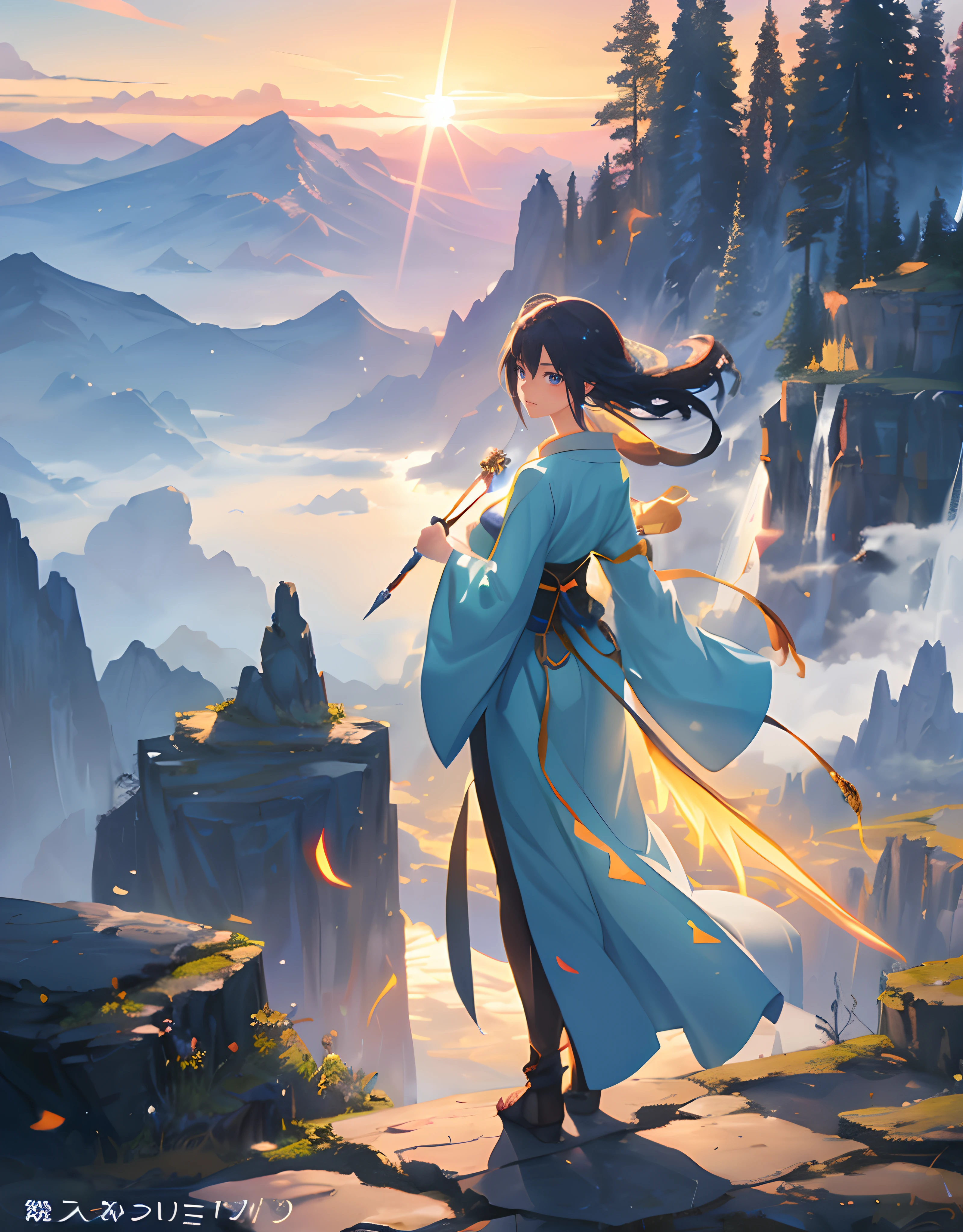 ancient fantasy world, a sunset above mountain range in the background masterpiece, tall cliff, rule of third, human walking back with wand gun (human walking back :1.2), beautiful art uhd 4k, 4k hd wallpaper very detailed, extraordinary colorful landscape, 4k highly detailed digital art, landscape wallpaper, scenic colorful environment, fantastic landscape, 8k high quality detailed art, majestic nature scenery, detailed painting 4k, epic beautiful landscape, natural landscape beauty, Landscape, lots of glow particle, fireflies, very many lots of fireflies, makoto shinkai cyril rolando, kimi no nawa meteor, anime art wallpaper 8k, Top quality masterpiece, deep focus, macro shot, lots lamp, falling leaf, glowing light, object, color combination masterpiece, glowing light, dark, reflection, beautiful anime scene, japanese concept landscape art, volumetric lighting, bokeh, anime beautiful peace scene, pure lanscape, 8k beautiful anime, intricate, elegant, point of interest photography, anime (masterpiece, lighting, finely detailed), colorful sky, ray of light, rule of third, colorful landscape, (dew, water : 0.2), Fog, Colorful Natural Lighting Masterpiece, ( all nature element is glowing light : 1.2), Lens Flare Masterpiece,