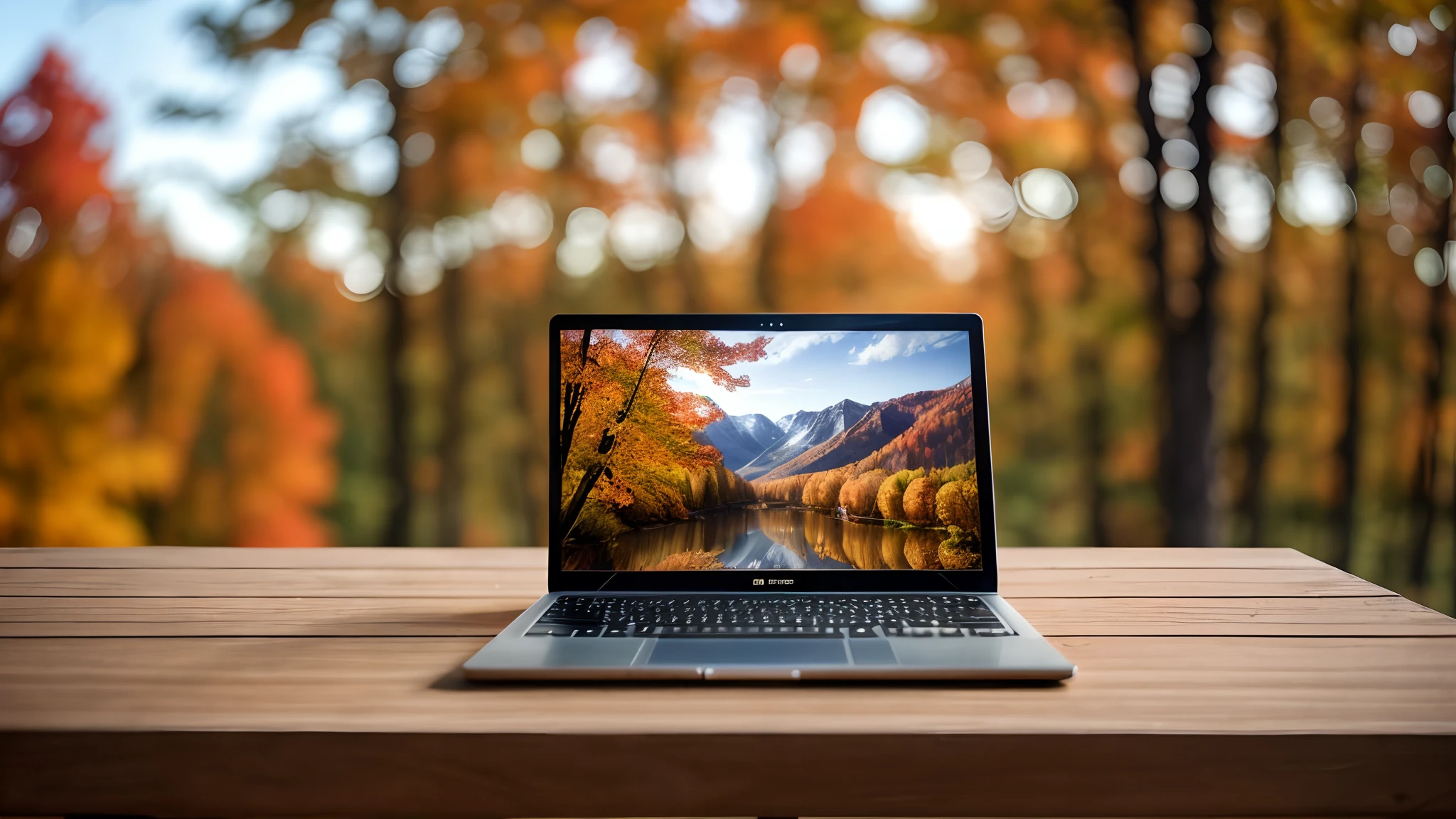 professional photography of a laptop on the computer desk on the terrace of a hut in front of a forest in autumn, beautiful trees in the background, natural light, sunrise, happy vacation atmosphere, 35mm lens, shallow depth of field , hdr, raw, intricate details, award-winning photography, professional --auto --s2