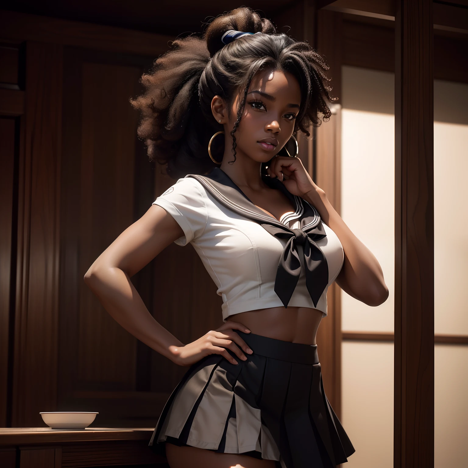 ((dark skin, ebony)), ((excited cute face)), ((cute pose)), ((seductive )), sexy, ((medium breast)), ((sailor outfit & Hem Skirt
)), ((long curly afro ponytail hair,)), (( skin)), ((standing, front view)), ((hands on lip)),, sharp focus cgi, photorealistic, high detail, realistic, masterpiece, absurdres, best quality, HDR, high quality, high-definition, extremely detailed, 8k wallpaper, intricate details, 8K uhd, Full-HD, (realistic photo:1.2), contrast, harsh lighting, cinematic lighting, natural lighting, hard light, backlighting, global illumination, ambient occlusion