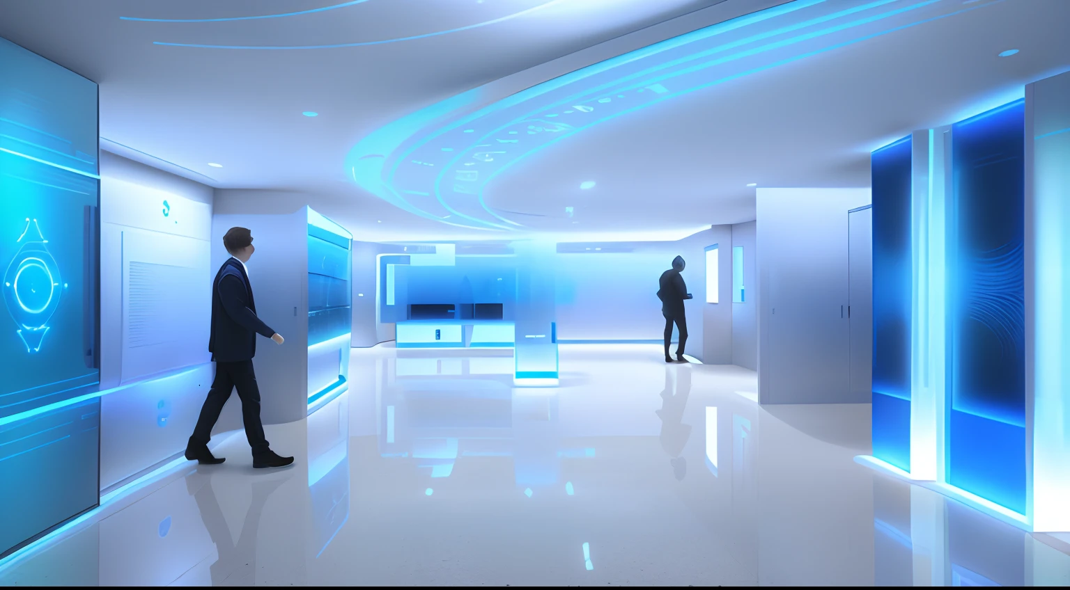 A technologically futuristic showroom、Blue light、Some are made of glass,Open space