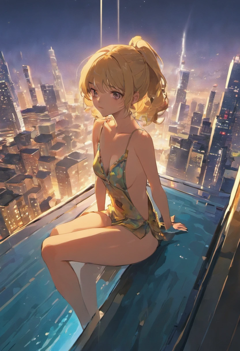 an illustration of a woman sitting in an infinity pool on top of roof in a modern city, watching sunset over the city, sun being reflected in the water a view from the rear, long hair, wavy hair, blond hair, ultra feminine, best detailed face, naked, sexy glamorous dress, wearing high heels, ultra best realistic, best details, best quality, 16k, [ultra detailed], masterpiece, best quality, (extremely detailed), ultra wide shot, photorealism,