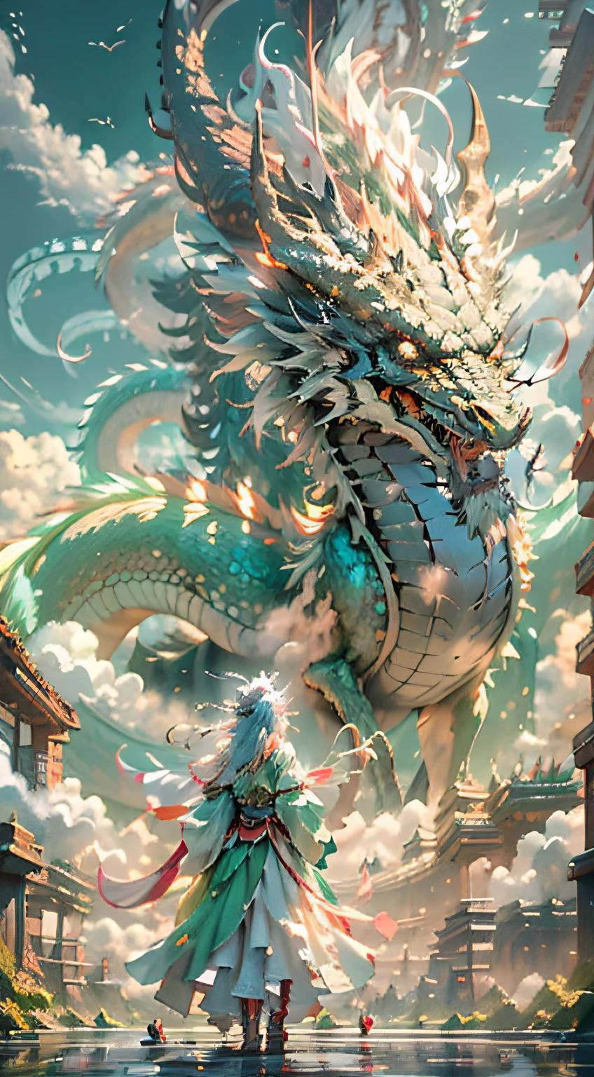 The Chinese White Divine Dragon soared into the air，（Girl manipulates dragons：1.3），（The girl has her back to the camera：1.3，（（lotus flower，Green clothing））），Sky clouds surround the surroundings，Light magic，Fantastic background，Meaning background，Ridiculous background，There are artistic overlays，multicolored hair, surrealism, Cinematic lighting, Ray tracing, god light, speed-line, angle of view, hyper HD, Masterpiece, Best quality, Super detail, A high resolution, High quality，（Far view：1.3），