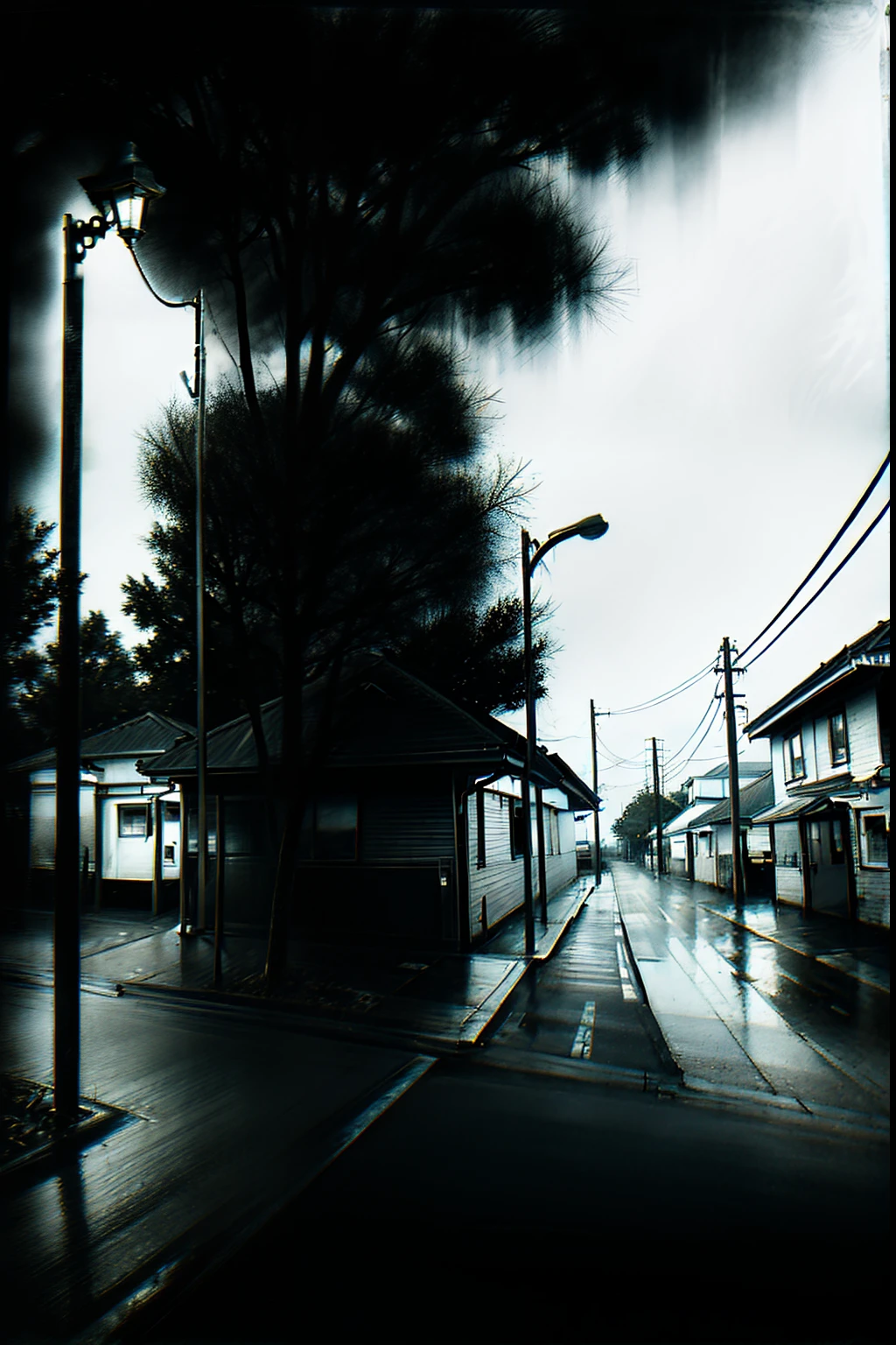 "(black and white manga style),the street, Flashing lampposts, There are two opposite houses on each side of the road, rural setting"