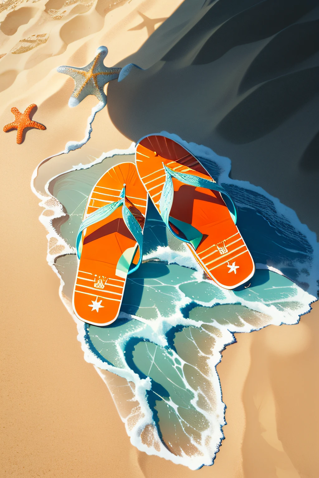 a pair of flip flops, a starfish, and a bottle sitting on top of a sandy beach. The flip flops are blue and white, and they are lying next to each other. The starfish is orange and red, and it is on its side. The bottle is brown and green, and it is partially buried in the sand. The beach is mostly empty, with only a few footprints in the sand. The sky is blue, and there are a few clouds in the distance