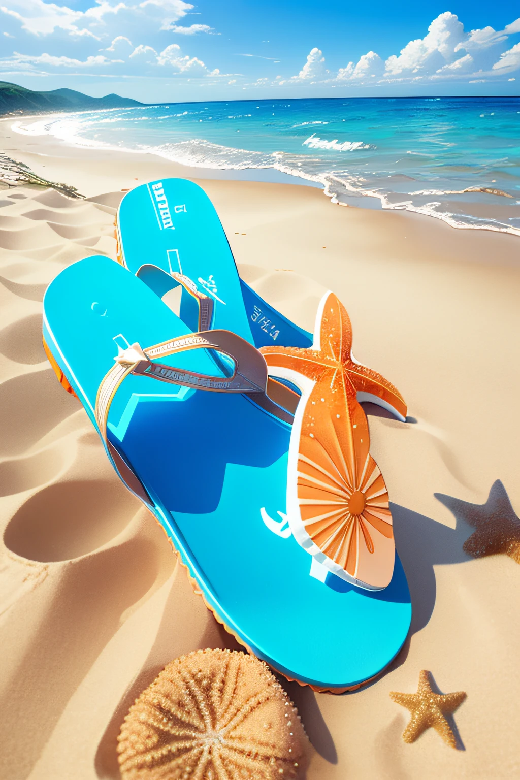 a pair of flip flops, a starfish, and a bottle sitting on top of a sandy beach. The flip flops are blue and white, and they are lying next to each other. The starfish is orange and red, and it is on its side. The bottle is brown and green, and it is partially buried in the sand. The beach is mostly empty, with only a few footprints in the sand. The sky is blue, and there are a few clouds in the distance