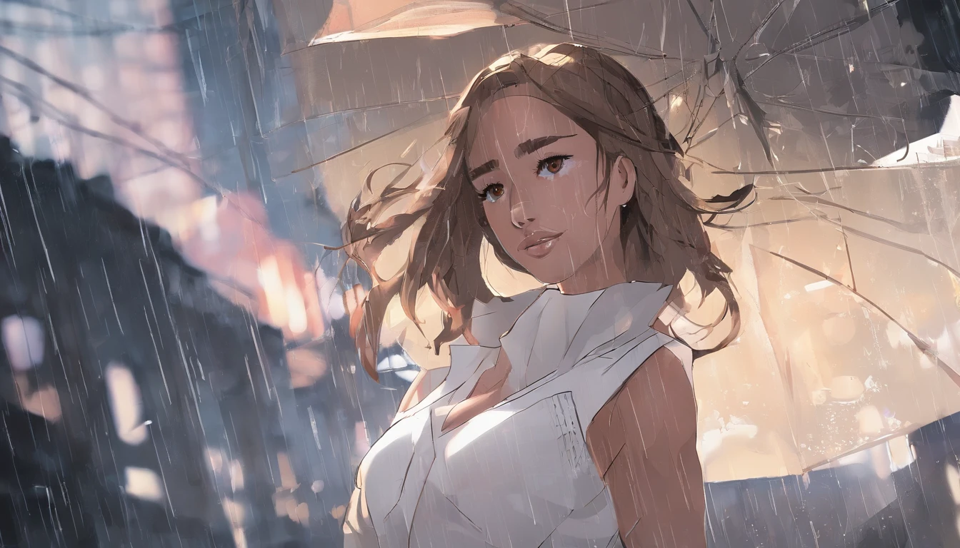((Best quality, 8k, Masterpiece: 1.3)), Sharp focus: 1.2, A beautiful woman with perfect body: 1.4, Slim abdomen: 1.2, ((Layered haircut, Large breasts: 1.2)), (no bra) (Small and beautiful hard nipple) (Thin and damp button up to shirt length: 1.1), (White shirt wet by rain), (Rain, Street: 1.2), Wet body: 1.1, Highly detailed face and skin texture, Detailed eyes, Double eyelid, tanned skin, sexy, tan