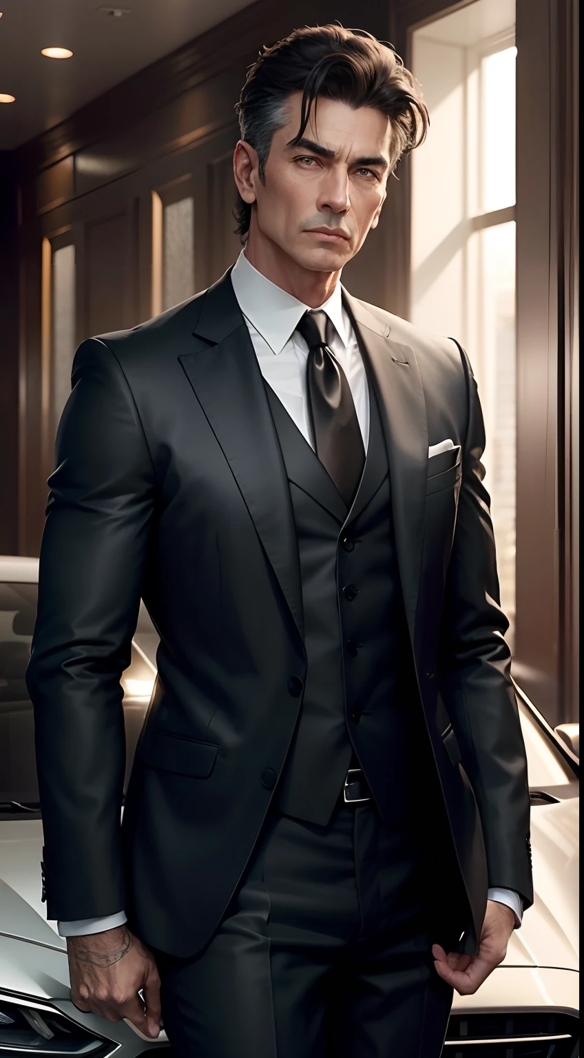 1male people,((hyperrealistic detailed)), Black suit and black pants,white shirt,a smile,Black eyes,portlate, globalillumination, Shadow, octan render, 8k, ultrasharp,metal,Convoluted