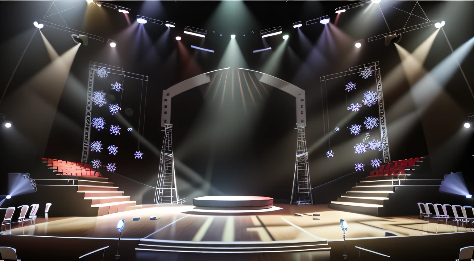 Quiz stage with a stage set up with white chairs and a stage with a red star, stage background, raytraced 3d set design, stage lighrt, stage, rendering of beauty pageant, backside of scenography elements, detailed set design, 3d finalrender, 3 d finalrender, empty stage, set design, rendered in 3 dsmax
