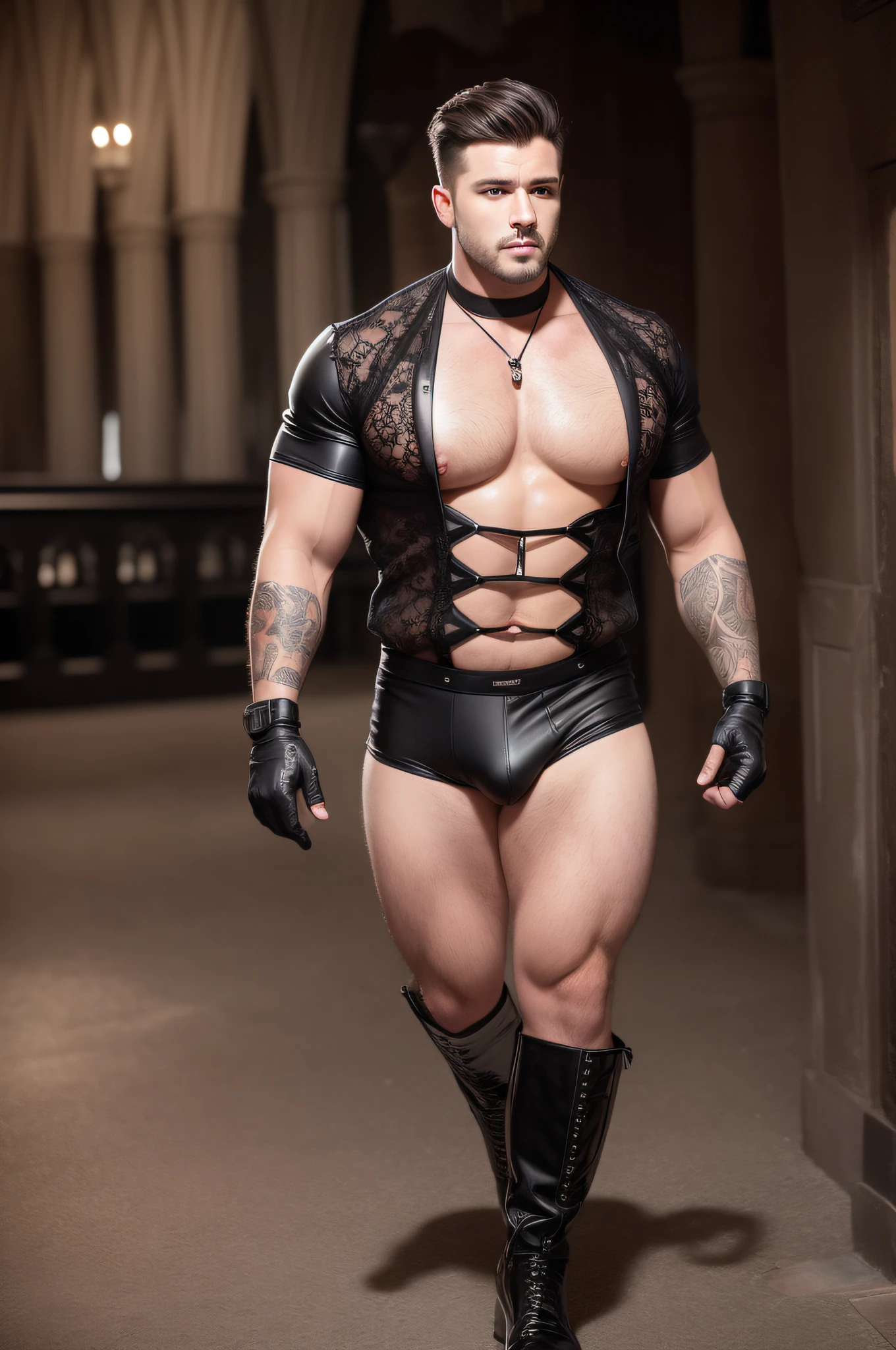 a stocky shirtless gay man is walking seducing the viewer, there is a Christian cross necklace around his neck, he is holding a iron cross in his right hand, wearing black shinny rubber gloves, facial hair, he is wearing black transparent lace thong bikini highlighting his big bulge and big butts, a church and black roses at his background, , he is wearing long lace stockings and black shiny leather boots, masculine and stocky, shirtless gay, handsome face with detailed facial features, shirtless and wearing nothing, correct accurate male anatomy, full body shoot, big pecs, big arms, wearing white sneakers, wet oiled waxy shiny greasy muscles and skin, flawless white skin, masterpiece, professional DSLR shoot and retouching, illustration art, shadow, highlight, sharpness, depth of field, iron fene and black roses and church environment, hot erotic illustration art, sexy and hot