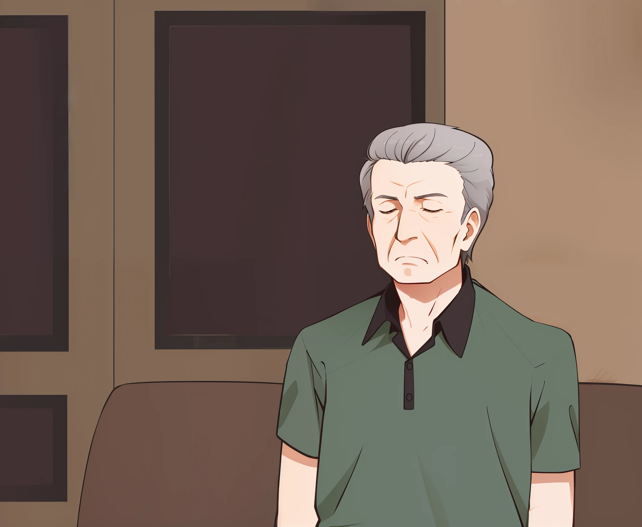 Man sitting on the couch with his eyes closed, Illustration by Wikihow, Wikihow, cel shaded:15, A sad man, cel-затененный:15, animated still, cel-затененный:17, an old man, Drawn with Photoshop, Rotoscope, cutscene, animation still, dad, sad scene, Elderly man, Diretkor School, school, 21st century