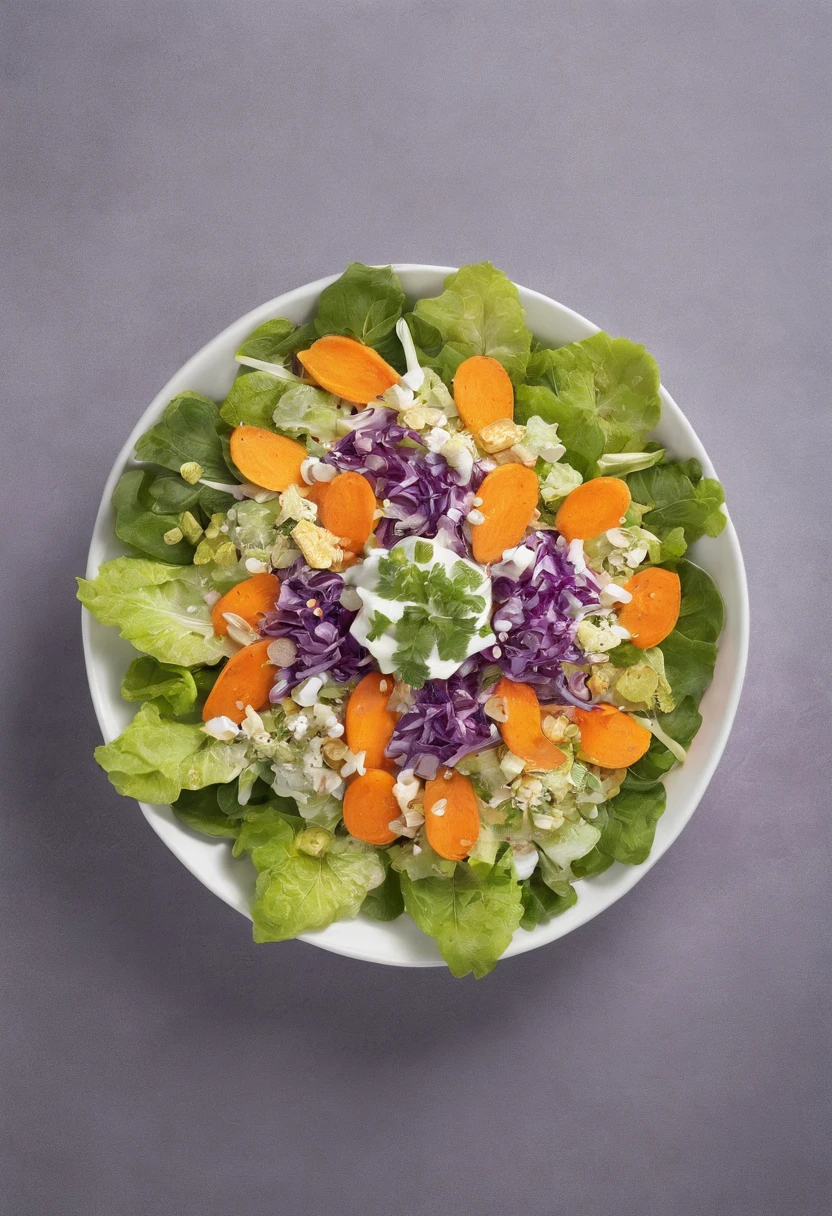 Five-grain salad,lettuce,Purple sweet ato,carrots,nachos,Frosted glass bowl,Vertical top-down