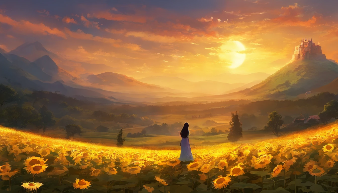 The boy ran towards the setting sun,He left the girl standing behind him,Behind her is the silhouette of a girl,They are a couple in love,Couple photo girl standing looking at boy's silhouette,The images of boys and girls are particularly clear,Golden sunset,Surrounded by covering,Bright yellow sunflower field,Vast,Clouds and skies once became small,The radiant sun,big breasts beautiful,Perfectly field of view,k hd,4K,8HD,art of photography,delicated,Emotion,16:9 scale