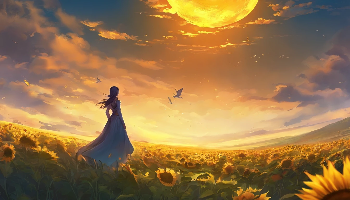 The boy ran towards the setting sun,He left the girl standing behind him,Behind her is the silhouette of a girl,They are a couple in love,Couple photo girl standing looking at boy's silhouette,The images of boys and girls are particularly clear,Golden sunset,Surrounded by covering,Bright yellow sunflower field,Vast,Clouds and skies once became small,The radiant sun,big breasts beautiful,Perfectly field of view,k hd,4K,8HD,art of photography,delicated,Emotion,16:9 scale