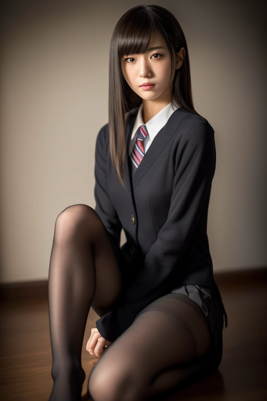 (Raw photo:1.2, Photorealsitic:1.4), Beautiful detailed girl, Highly detailed black eyes, A Japanese Lady, Ridiculous, Incredibly ridiculous,18year old ,Stylish , (hight resolution, Very detailed, Best Quality, masutepiece), , ((Japanese girls' high school uniform)),springtime , Bruises,perfect anatomia,Beautiful limbs ,idol , amazing, Fine details, masutepiece, Best Quality,Gravure photography , Light on Face, Cinematic lighting, 1girl in,youthfulness , ((artistic)), ((Dynamic Pose))), (pantyhose), (knee-bending leg sitting))