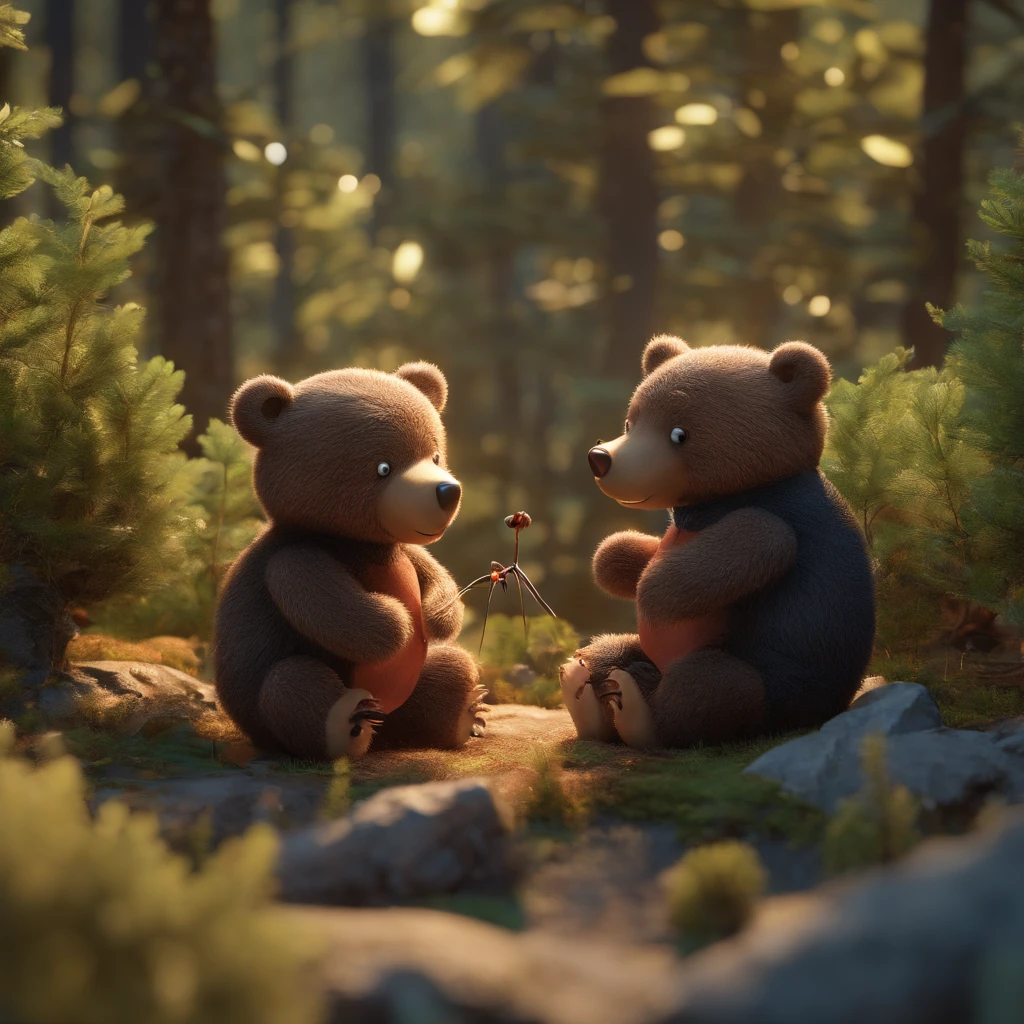 One bear and one ant met in the forest。
bears are large and fluffy fur,。
The ant had a small, black body glowing。
At first, they looked at each other、It was in tension。