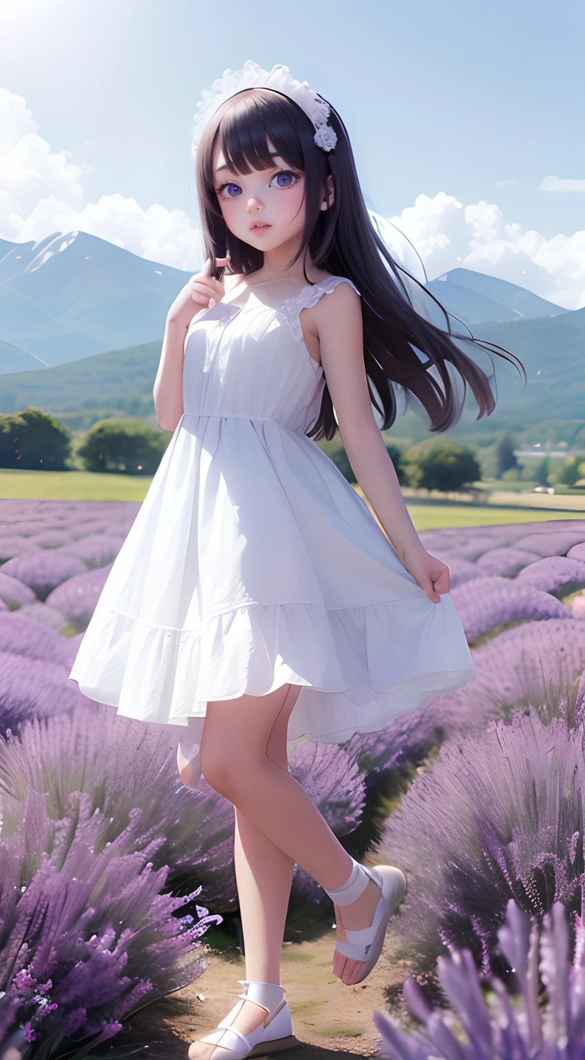 girl , beautiful shining eyes like crystal clear glass,full body,lavender field,blue sky, snow mountain