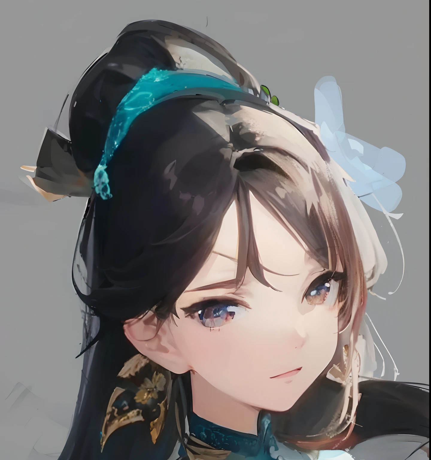 Anime girl with long black hair and blue dress，There is an orchid in the hair,