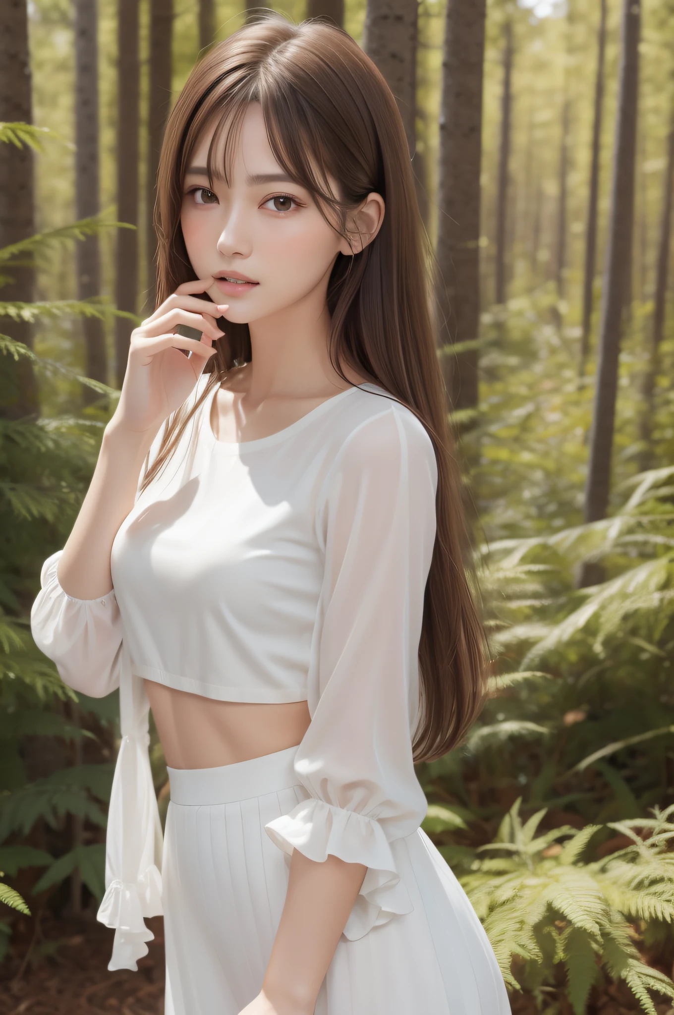 1womanl, up of face, mideum breasts, light brown hair, Blunt bangs, hair behind ear, hair over shoulder, Long hair, slender body shape, Ultra Fine Face, Thin face, Delicate lips, Beautiful eyes, thin blush, eyes are light brown, perfect glossy skin, flawless skin, Glistening sweat,View here, Ultra-thin hands, Ultra-fine fingers, best ratio four finger and one thumb, (realisitic:1.3), Finger Extensions, See-through white blouse. coniferous forest, One-person viewpoint, Fuji Film, F/1.2, 8K, masutepiece, nffsw, Super Detail, High quality, Best Quality, hight resolution,abdominals,six packs,