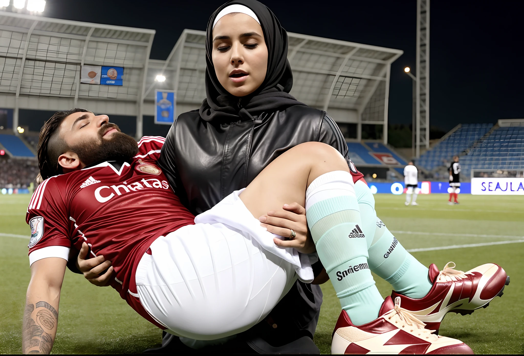 Highest quality, ultra-detailed, 1 women, milf, hijab, bigtit and thic body, malaysian, full body, riding a man at stadium