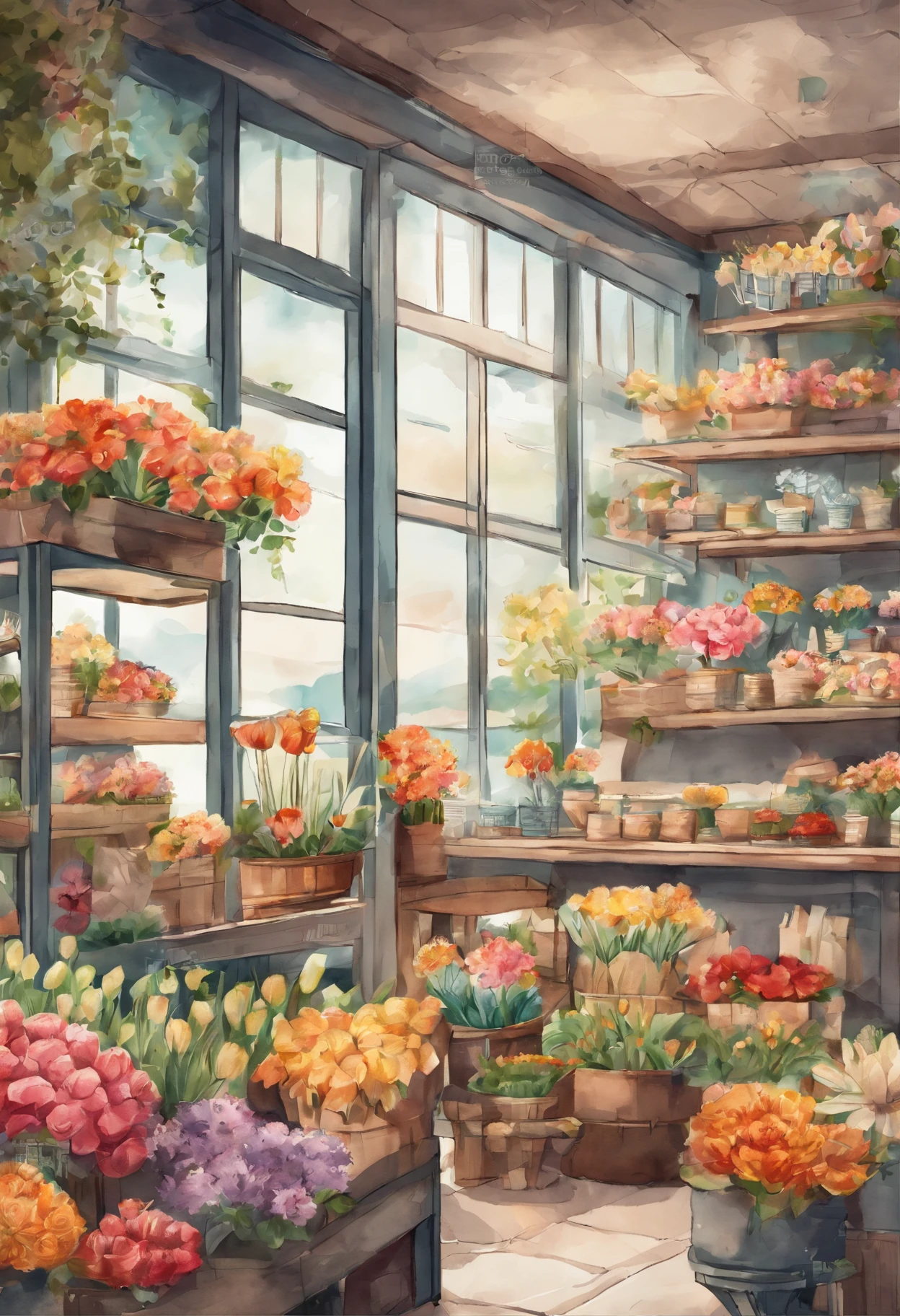 cartoon flower shop, watercolor