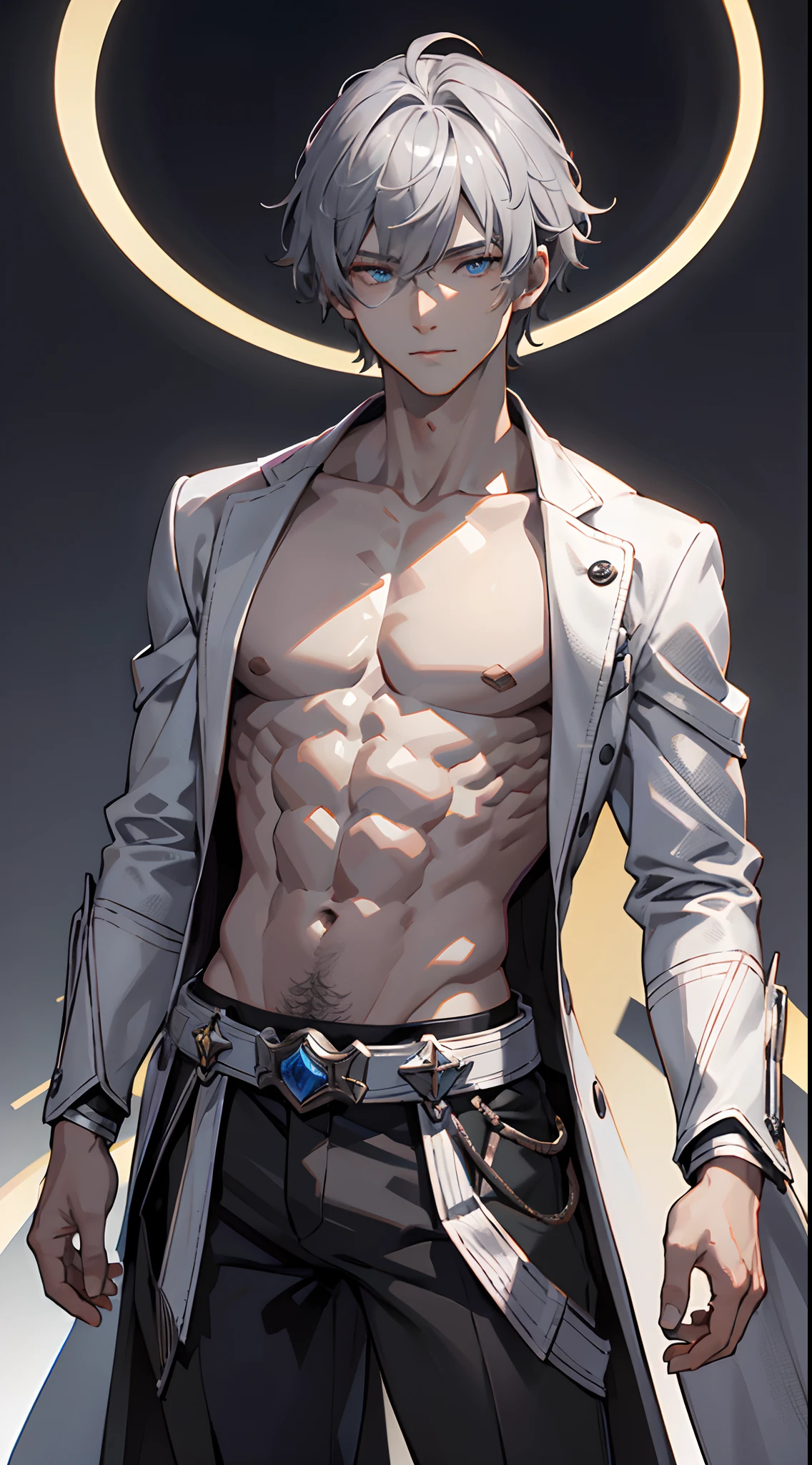 4K, high resolution, Best quality, Masterpiece, perfect colors, perfectly shaded, Perfect lighting, posted on e621, (by Chunie), anthro, ((Portrait)), （（Handsome man））, perfect male figure, short detailed hair，musculature,chest muscle，Abs，Naked upper body，Detailed face, Perfect face, (The stands up), Detailed background, ((Bonifasko lighting)), (Detailed eyes), perfect pupils，（(Silver-gray skin）)