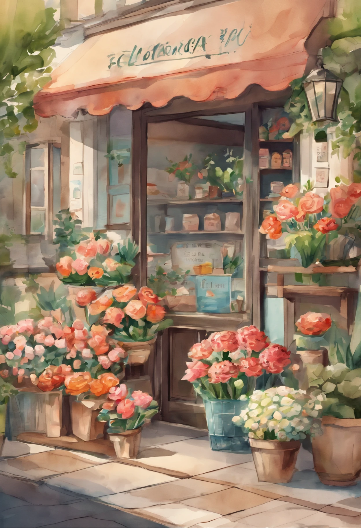 cartoon flower shop, watercolor