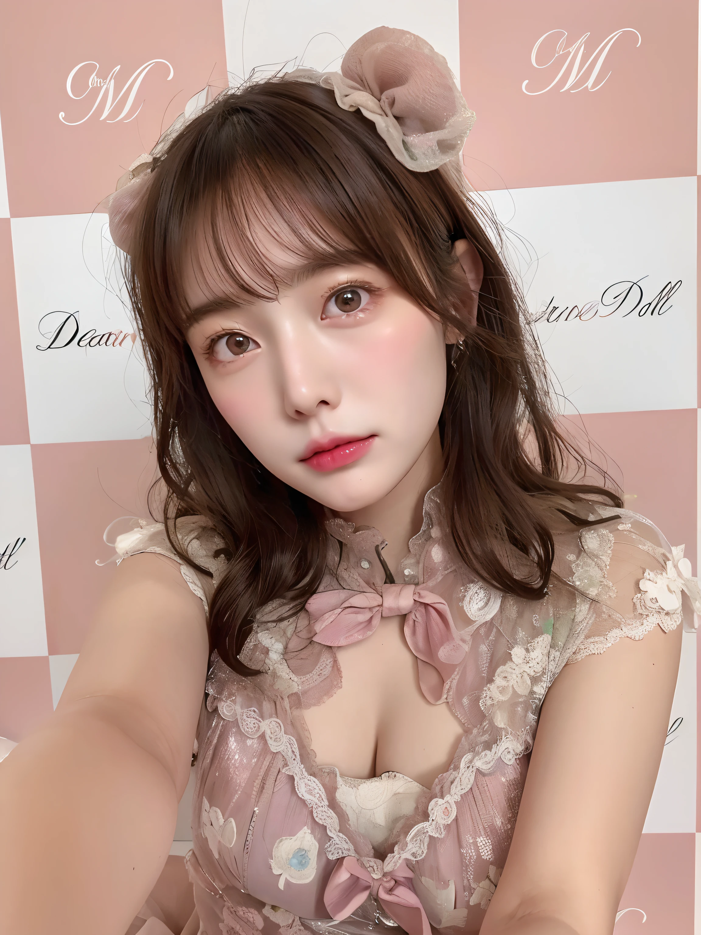 Asian woman in alafe with pink dress and bow tie, 奈良美智, skydoll noa, deayami kojima, Belle Delphine, doll face, nffsw, shikamimi, china doll face, Realistic Young Gravure Idol, けもの, dream medium portrait top light