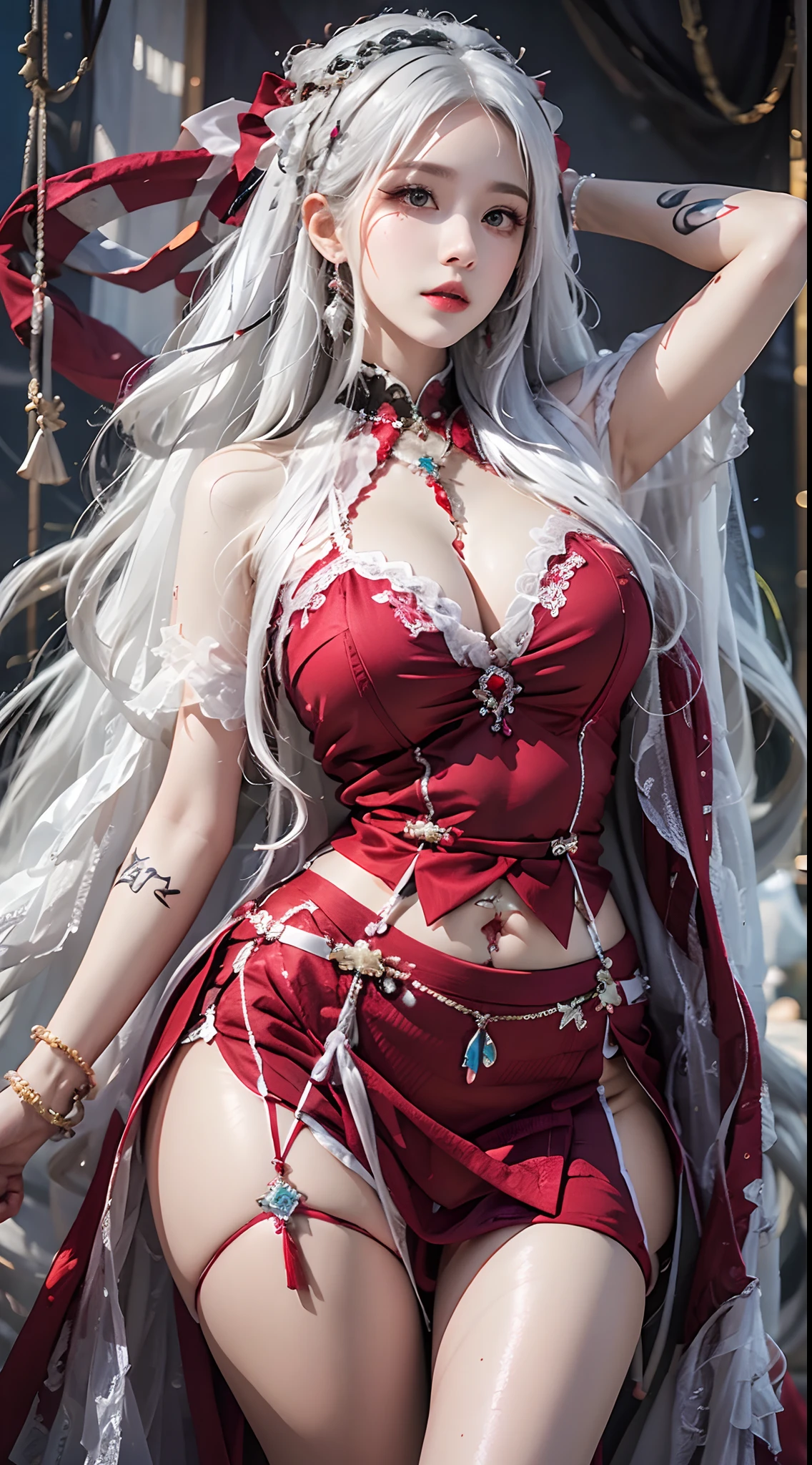 Photorealistic, high resolution, 1 woman, Hips up, Beautiful eyes, Long hair, ringed eyes, jewelry, tattoo, skirt, cnsdress, white hair