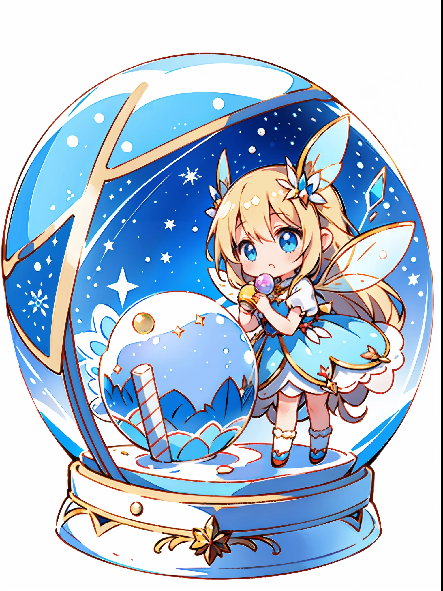 (Precise and unmatched illustrations:1.3), (1girl:1.3), (ice cream and Fairies in a snow globe), Holding and eating an ice cream, (kawaii, Cute, Tiny, chibi:1.3), (wearing Fairy wings of crystal-clear material:1.5), (dress), (Simple Background:1.3),(The World in a snow globe:1.5),(Inside the snow globe is a world made of colorful ice cream).(Best Quality), (masutepiece:1.3), Ultra-detailed,