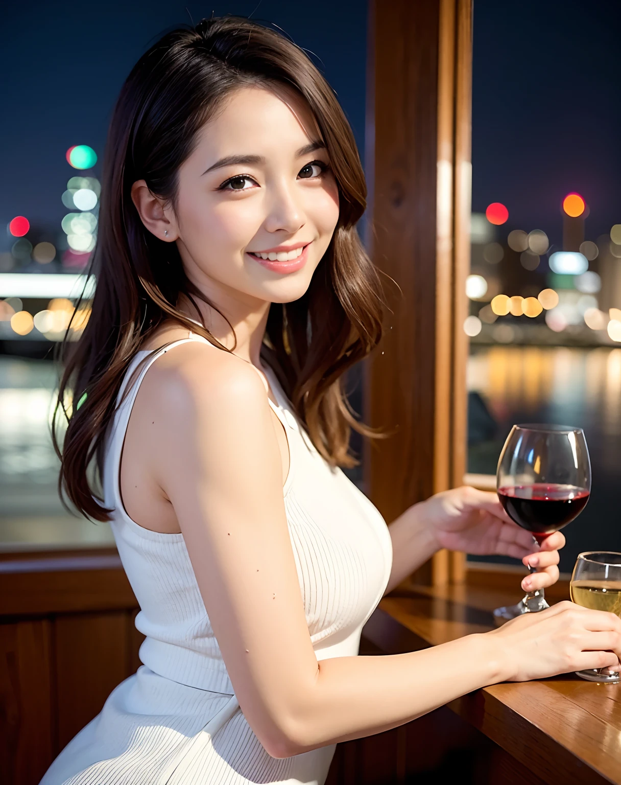 (64K, UHD, top quality, masterpiece: 1.2), (realistic, photorealistic: 1.37), super detailed, pretty woman 1 person, (slim face), (slim body), (brown hair), (short cut), cheeks slightly blushing, (44 years old), 38 years old, solo, beautiful detailed urban night view outside the window, restaurant, wine glasses sit, at night, in a prominent placeNovaFrogStyle, Actress, Model, Waist Up, White Wine, Slim, Wine Glass, Super Clean Night View, Wine Glass Put in the Middle, Happy Smile, (Smile: 1.15), Beautiful Fine Eyes, Upper Body, Bust Japan Up, Night, Short, Short, Actress, Model, Waist Up, White Wine, Slim, Wine Glass, Super Clean Night View, Wine Glass Put in the Middle, Happy Smile,